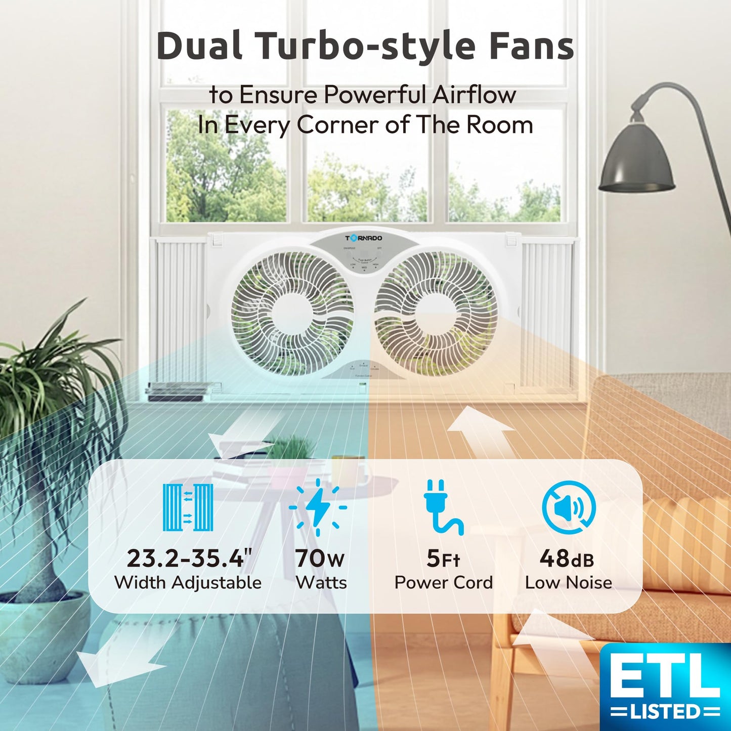 Tornado 9 Inch Dual Window Fan with Remote Control, 3-Speed, Expandable 23.5-35.4 Inches, 3 Modes (Cooling/Exhaust/Circulation), Detachable Base,