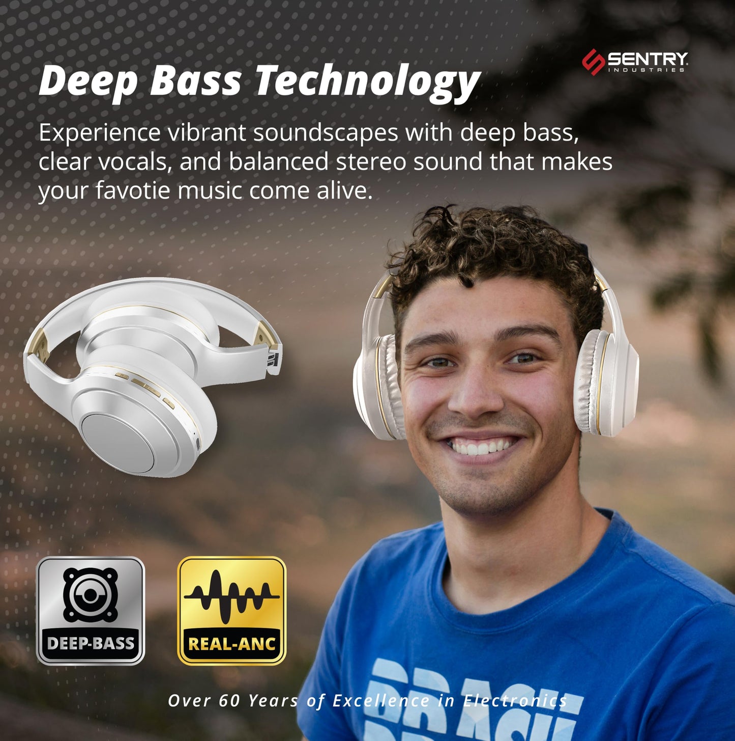 SENTRY OSH Over Ear Bluetooth Wireless Headphones, Active Noise Canceling -20dB Reduction, 22 Hour Battery Life, Control Buttons, Built in Microphone