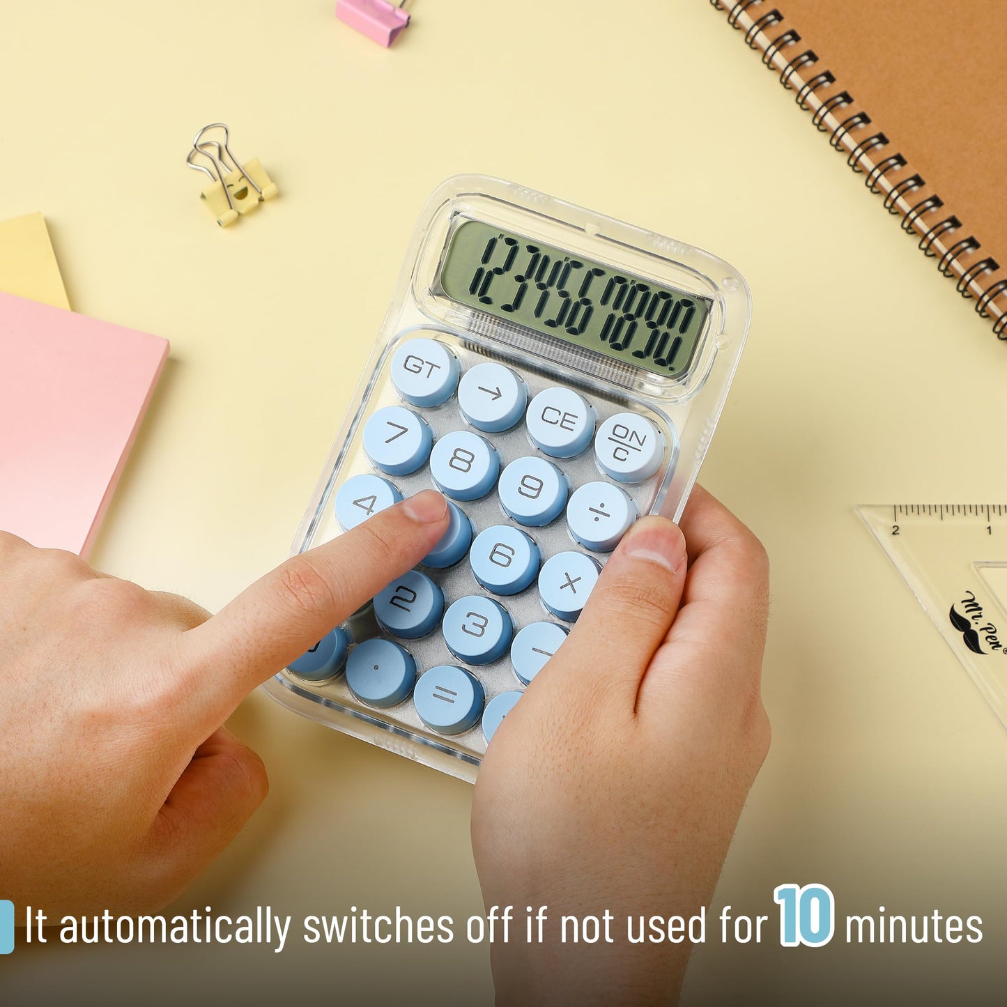 Mr. Pen- Mechanical Switch Calculator, 10 Digits, Blue Calculator, Transparent Body, Large LCD Display, Big Buttons