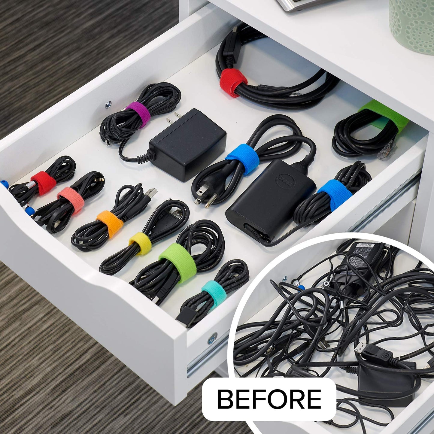 Wrap-It Storage Cable Management Value Pack - 40 Self-Gripping Cable Ties, 20 Cable Labels, 12ft Perforated Self-Gripping Roll - For Home, Office