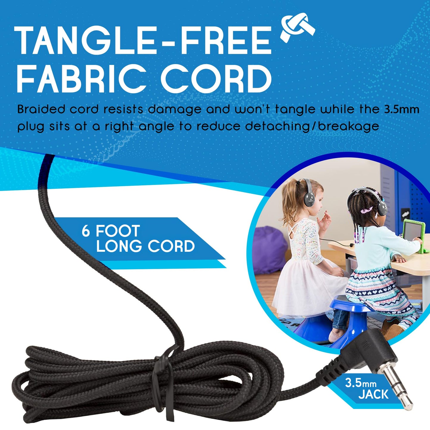 Heavy-Duty Kids' Headphone w/ Tangle-Free Fabric Cord, Gray, 10 pack