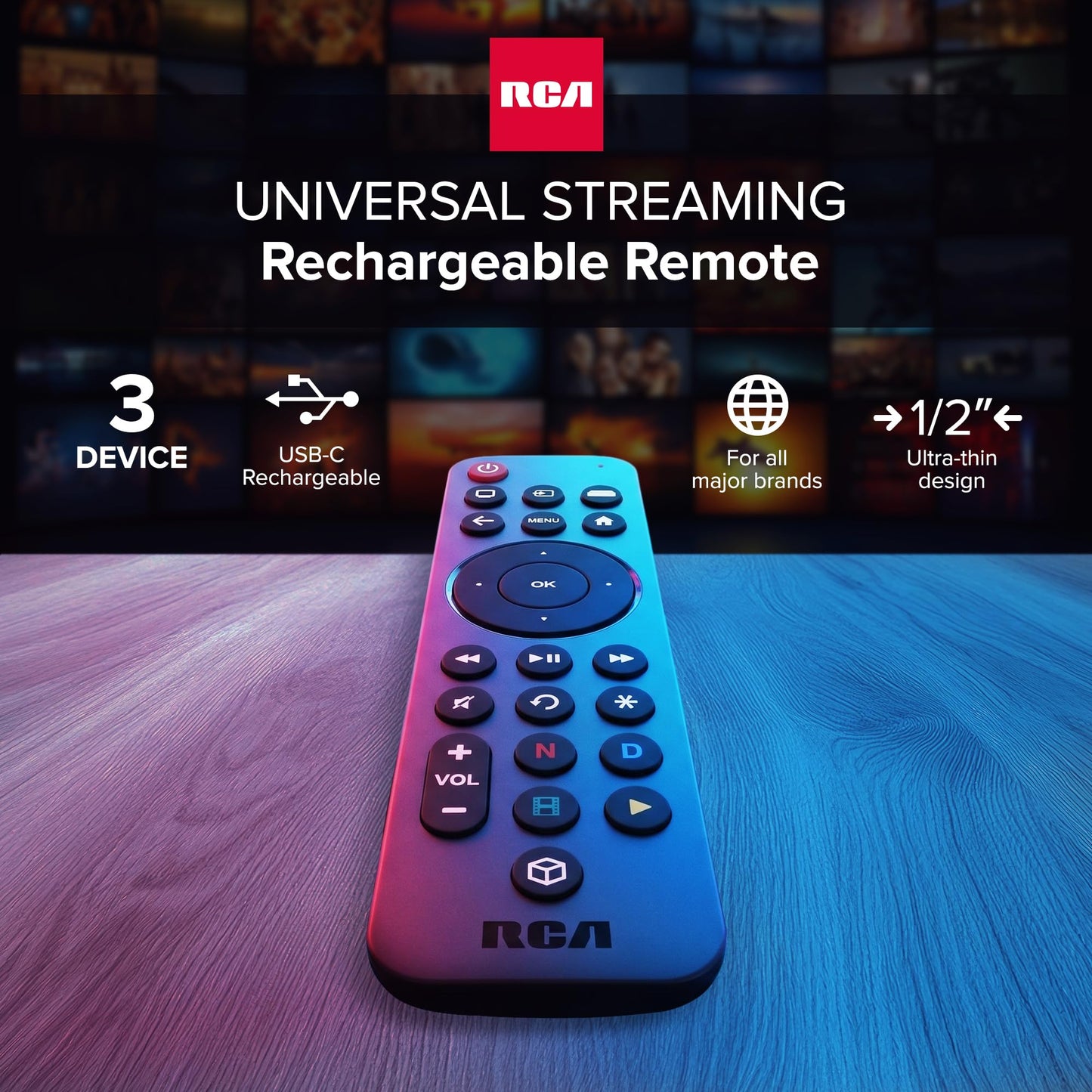 RCA Universal Streaming Remote Control, USB-C Rechargeable, 3-Device Compatible with Samsung, LG, Sony, Vizio TVs, Roku, Fire TV, Apple TV, Chromecast