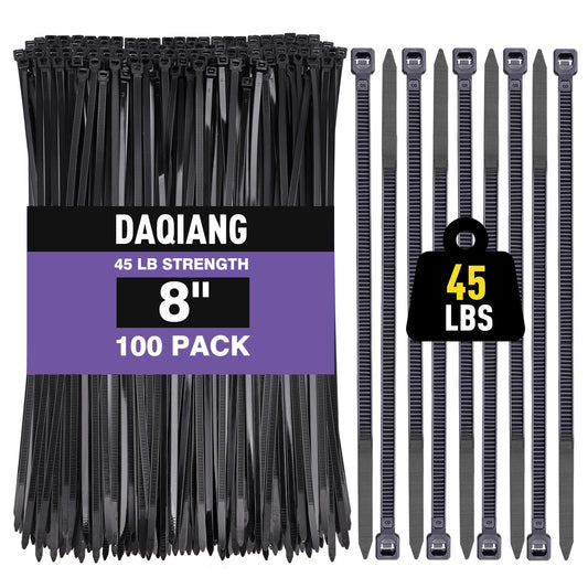 Black 8 Inch Zip Ties (100 Pack), 45LBS Tensile Strength, UV Resistant Nylon Cable Ties for Indoor & Outdoor Cable Management. Self-Locking Wire
