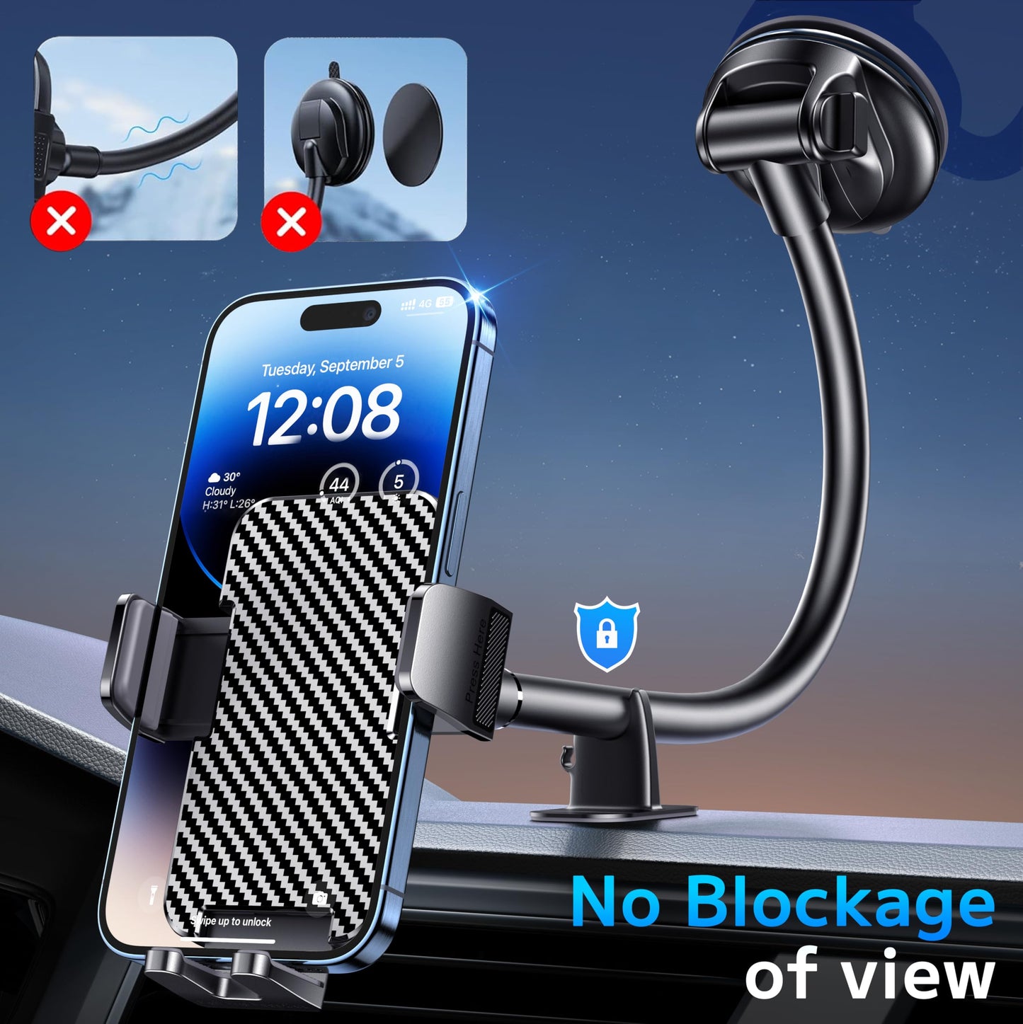 BIPOPIBO Phone Holders for your Car [Long Flexible Neck] Car Phone Mount [Anti-Shake Stabilizer] Cell Phone Holder Car for Dashboard Windshield