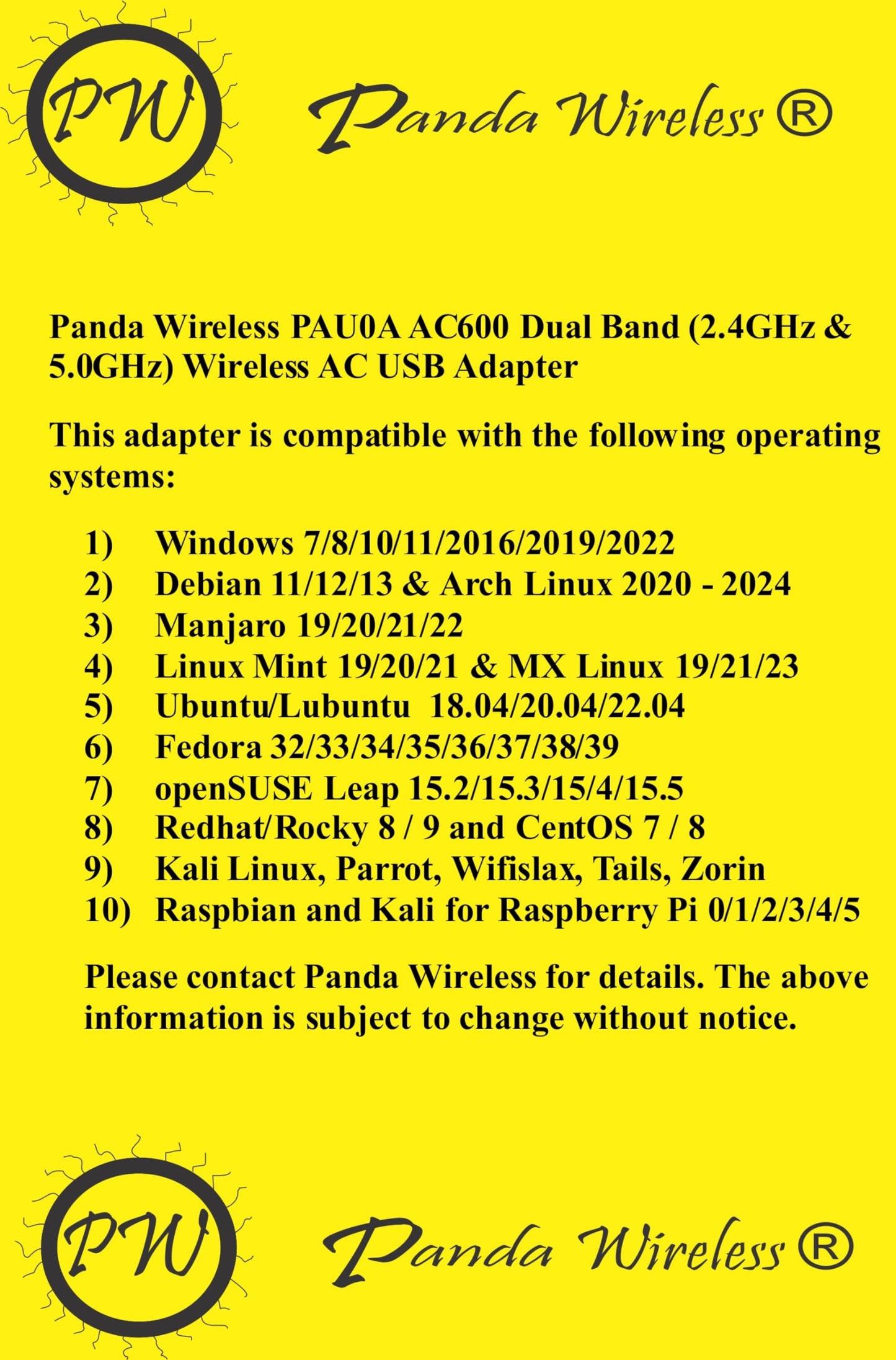 Panda Wireless PAU0A AC600 Dual Band (2.4GHz and 5GHz) Wireless AC USB Adapter - Win 7/8/10/11, Zorin, Mint, Ubuntu, MX Linux, Manjaro, Fedora, Rocky