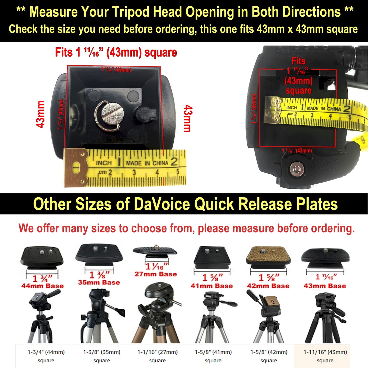 DaVoice 43mm Tripod Quick Release Plate Camera Mounting Adapter Parts Replacement for Torjim 60-Inch AX60, Endurax 66" ETR66, UBeesize 60” TR60, Zomei