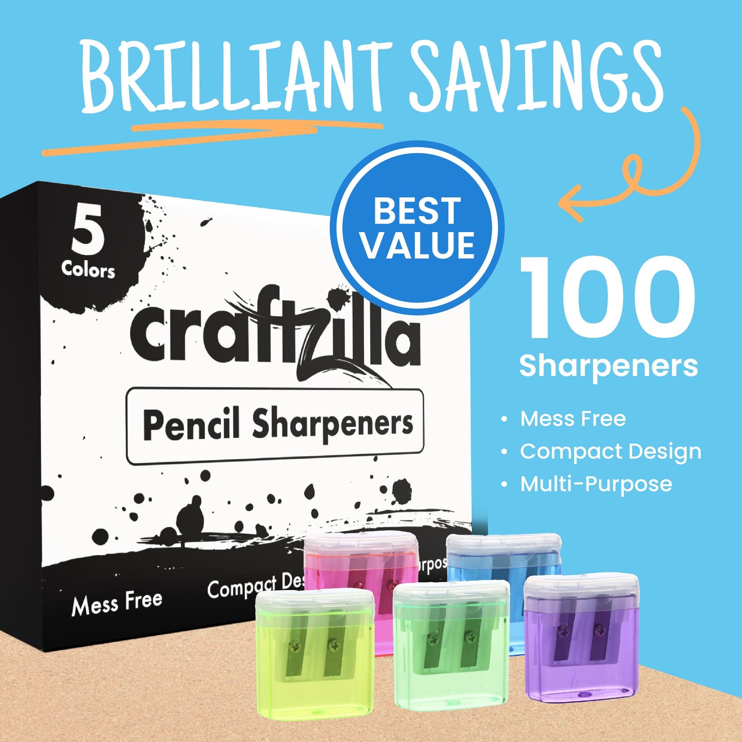 Craftzilla Pencil Sharpener 100 Pack, Manual Dual-Hole Sharpeners Bulk