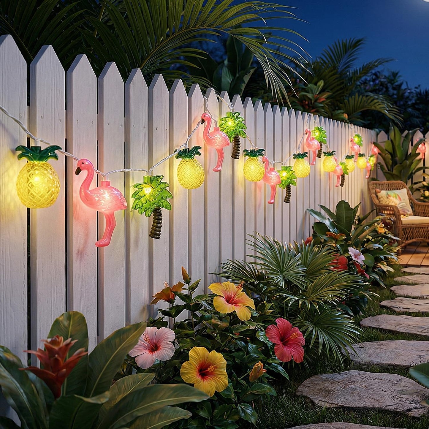 PASUTO Summer Beach Hawaiian String Lights, 10 LED Tropical String Lights, Hawaiian Tropical Beach Pool Party Decorations, Flamingo Pineapple Palm