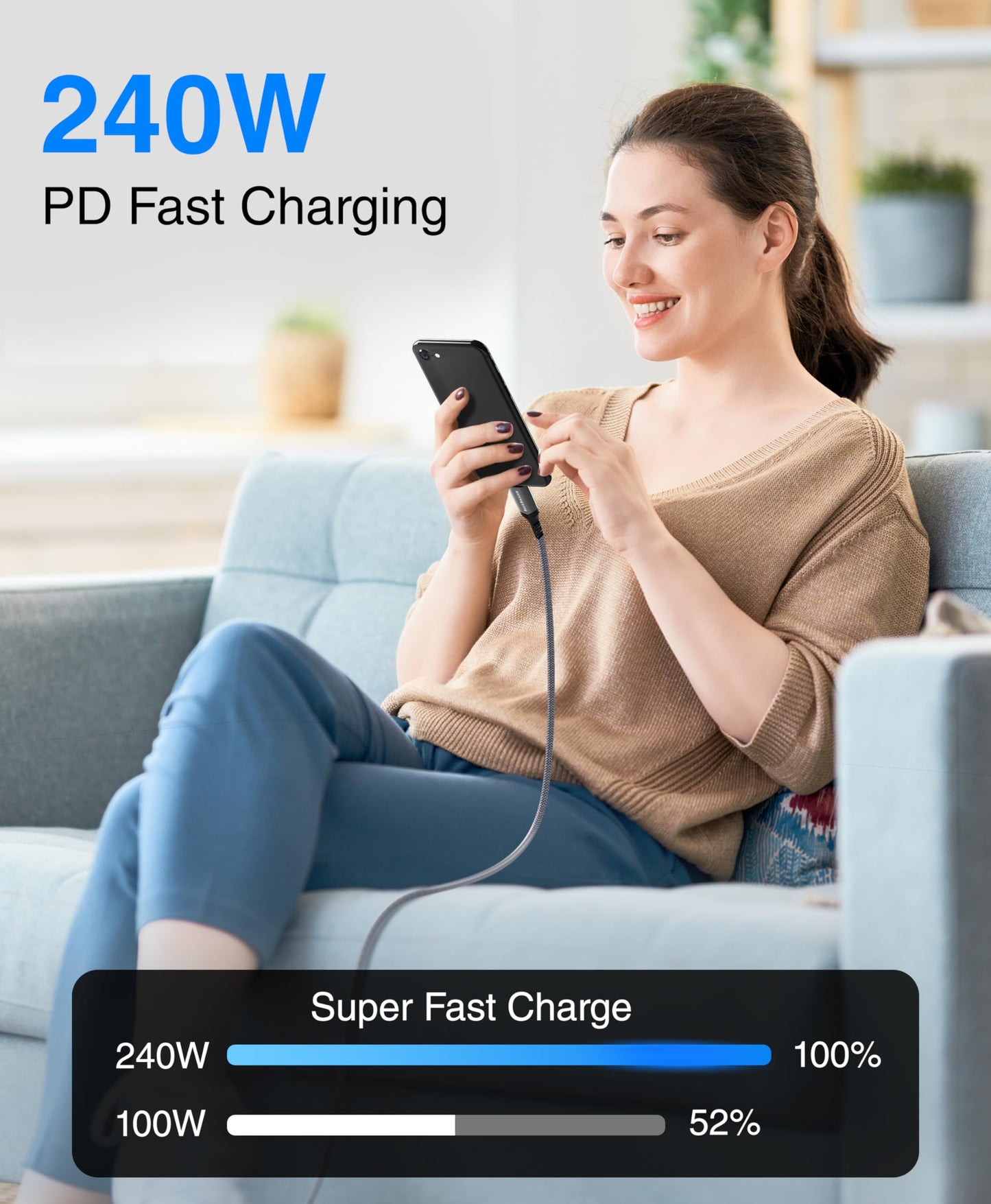 BlueRigger USB C Cable 6FT - (240W PD, USB 4.0, Type C Cable, 48V 5A Fast Charging, 40 Gbps Data Transfer, 8K 60Hz, Thunderbolt 4/3) - USB C Charger