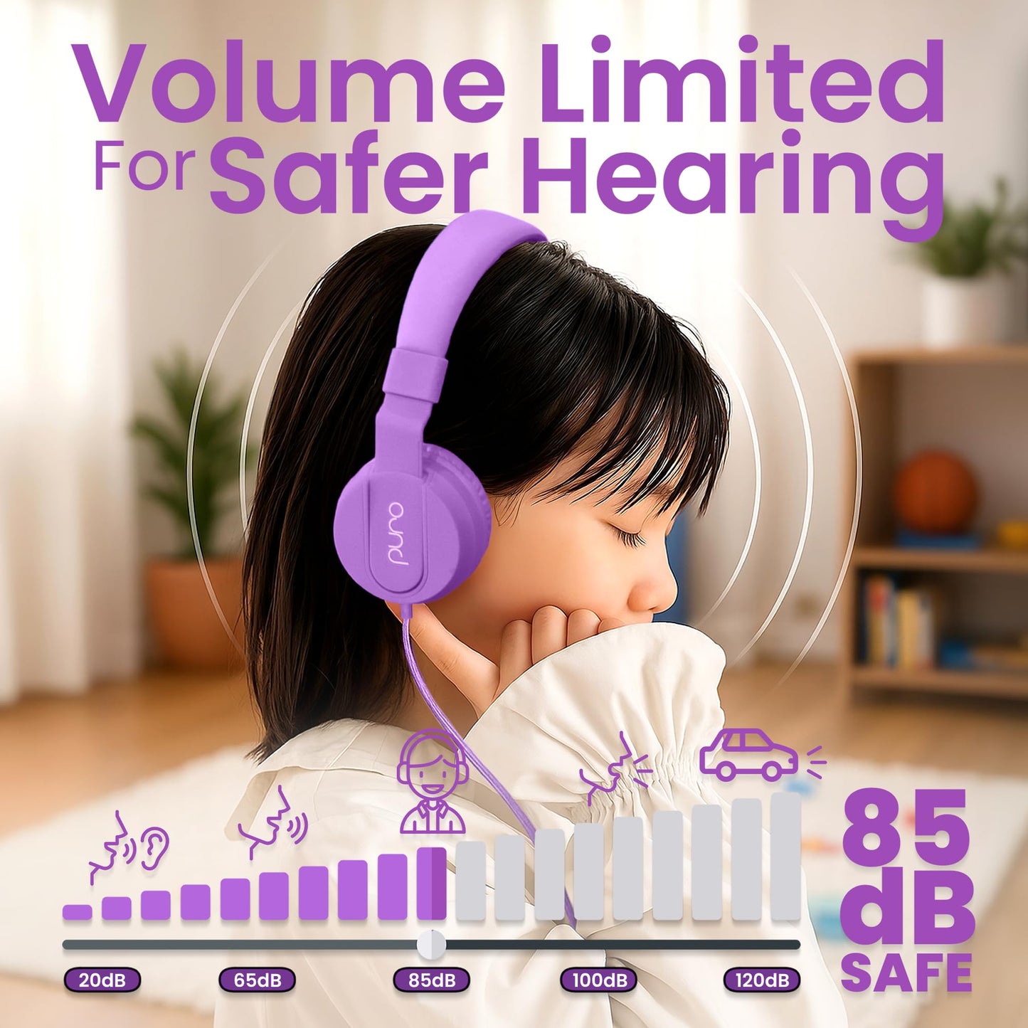 Puro Sound Labs - Kids Headphones, Volume-Limiting 85dB, PuroBasic, Purple