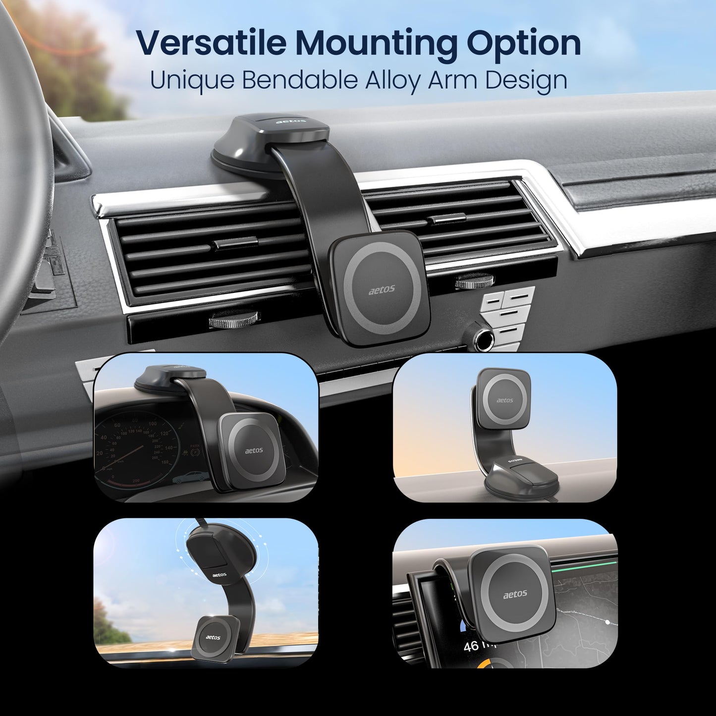 aetos for iPhone MagSafe Car Mount Magnetic Phone Holder with Adhesive Suction Base, Fits iPhone 17/16/15/14 Pro/Plus/Max and Android Phones with Ring