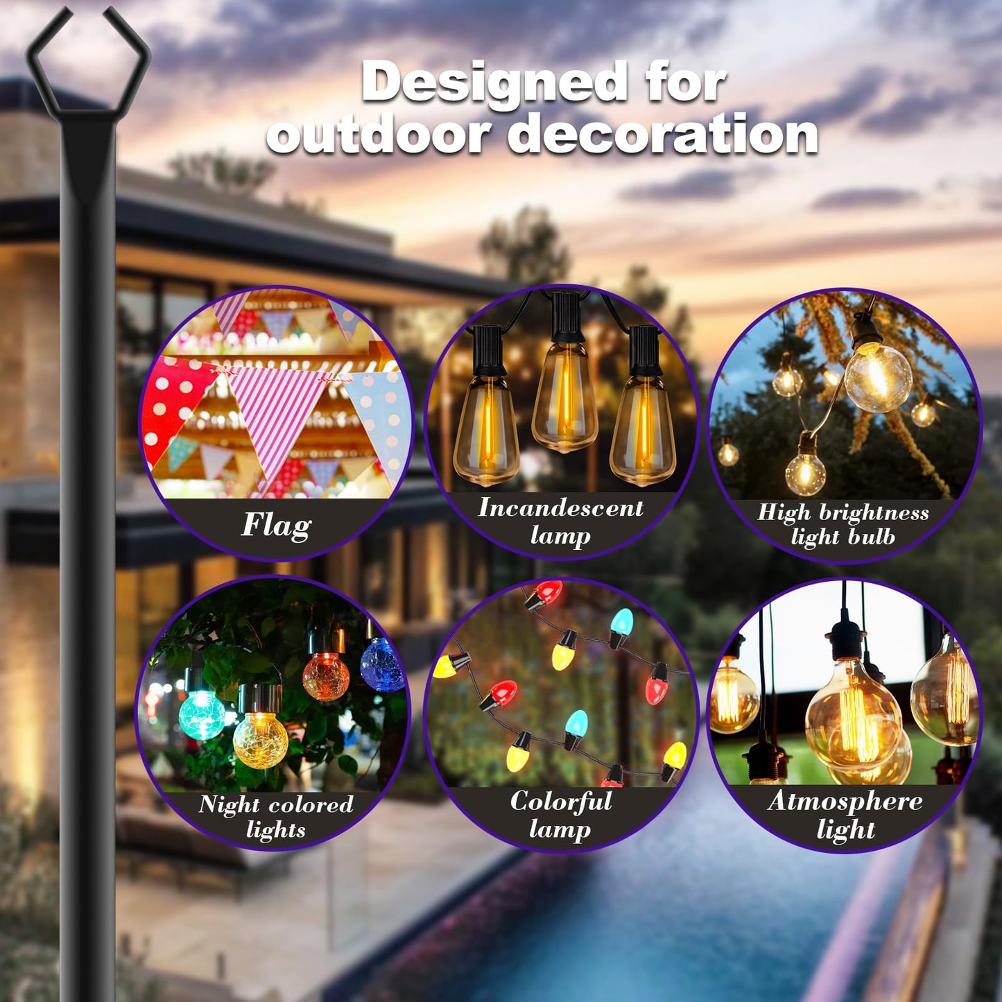 zoegi 4 Pack 10Ft String Light Poles,Light Poles for Outside Lights with Fork,Outdoor Brackets Hanging Lights,Metal Stand for Deck