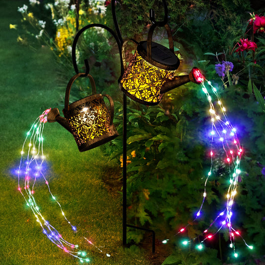 MEREAR Solar Watering Can Lights Outdoor with 8 Multi-Color Changing Modes, IP65 Waterproof Landscape Light Garden Decor, One Pole Two Lights Outside