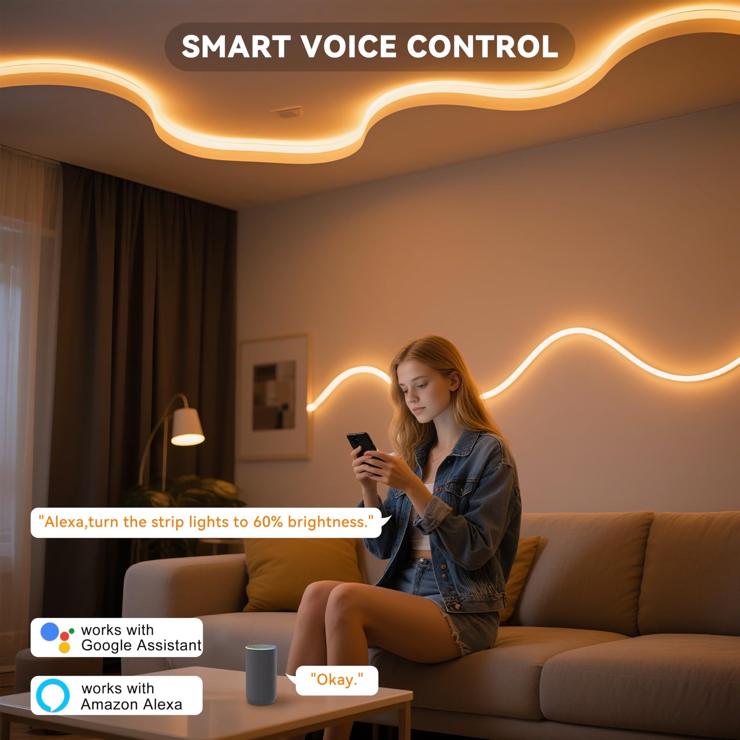 PAUTIX Smart COB LED Strip Light 32.8ft/10m,Warm White 2700K LED Strip,Compatible with Alexa/Google Assistant,Dimmable 24V LED COB Light Strip Kit