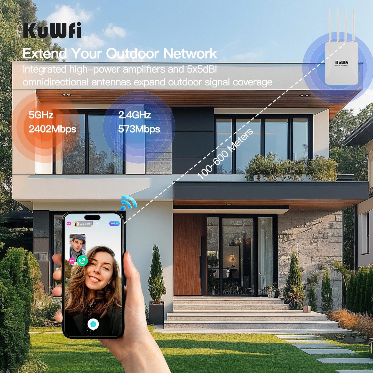 KuWFi 2.5Gbps AX3000 Outdoor WiFi 6 Extender, Long Range Outdoor WiFi Extender Signal Booster, IP65 Weatherproof Outdoor Wireless Access