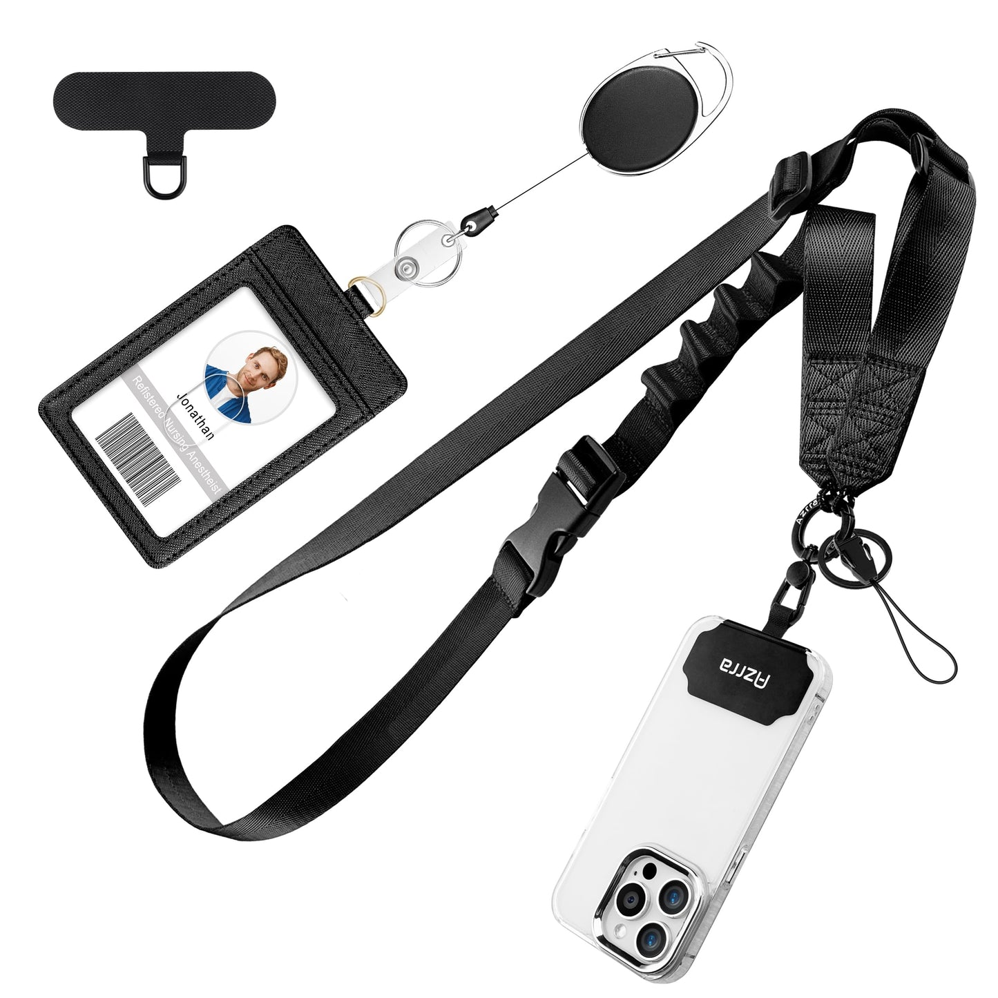 Azrra Adjustable Crossbody Cell Phone Lanyard for iPhone with Phone Tethers & Retractable ID Badge Card Holder (Solid Black)