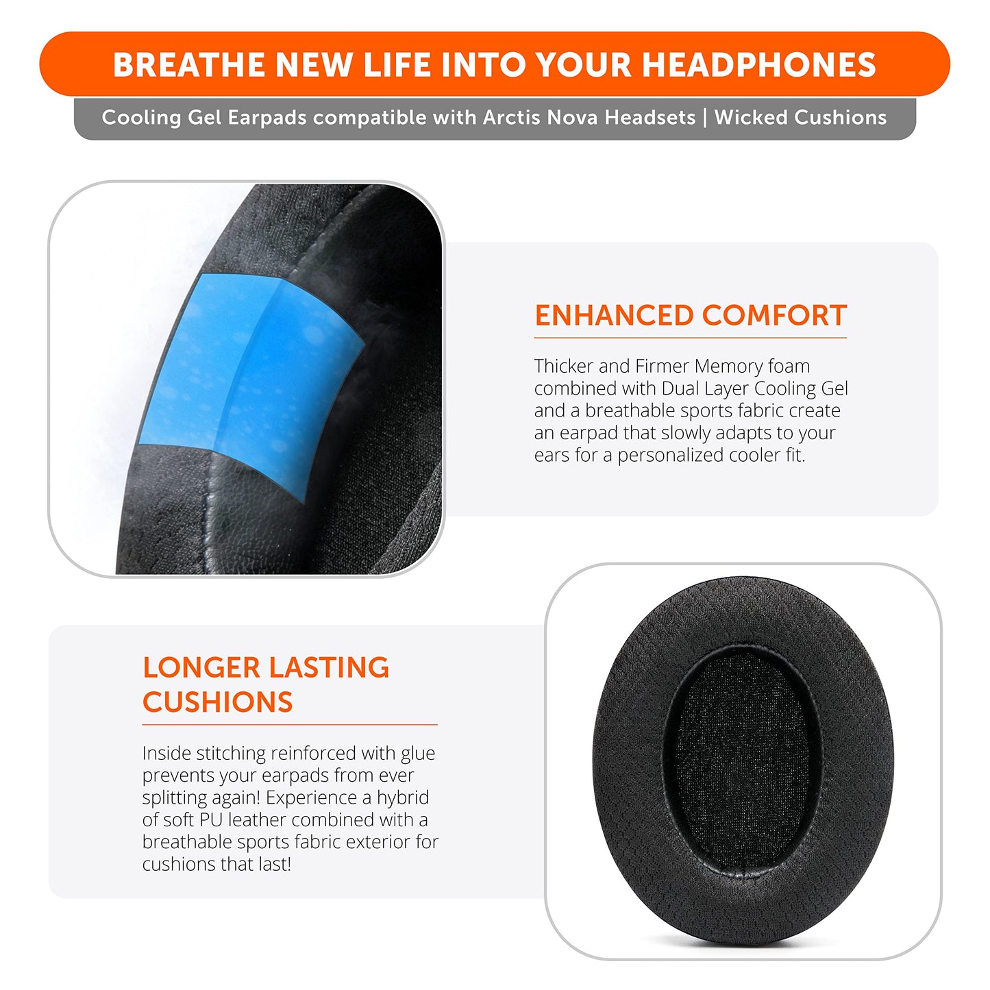 WC Freeze for Arctis Nova - Hybrid Fabric Cooling Gel Replacement Earpads for Arctis Nova Pro Wired, Nova 7, 5, 4, 3, 1 - Made by Wicked Cushions