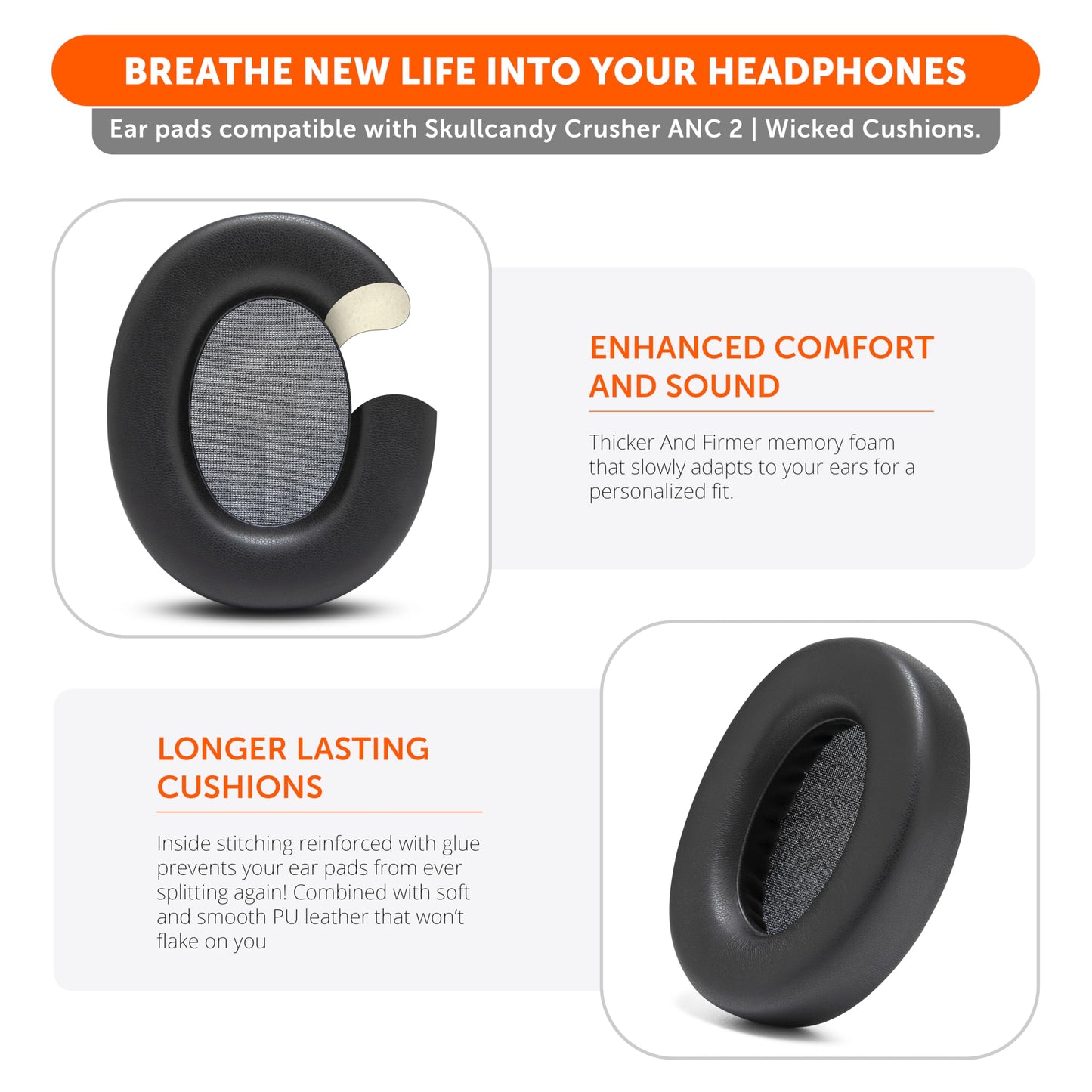 WC PadZ Crusher ANC 2 - Premium Replacement Earpads for Skullcandy Crusher ANC 2 Over-Ear Headphones by Wicked Cushions | Enhanced Comfort & Sound
