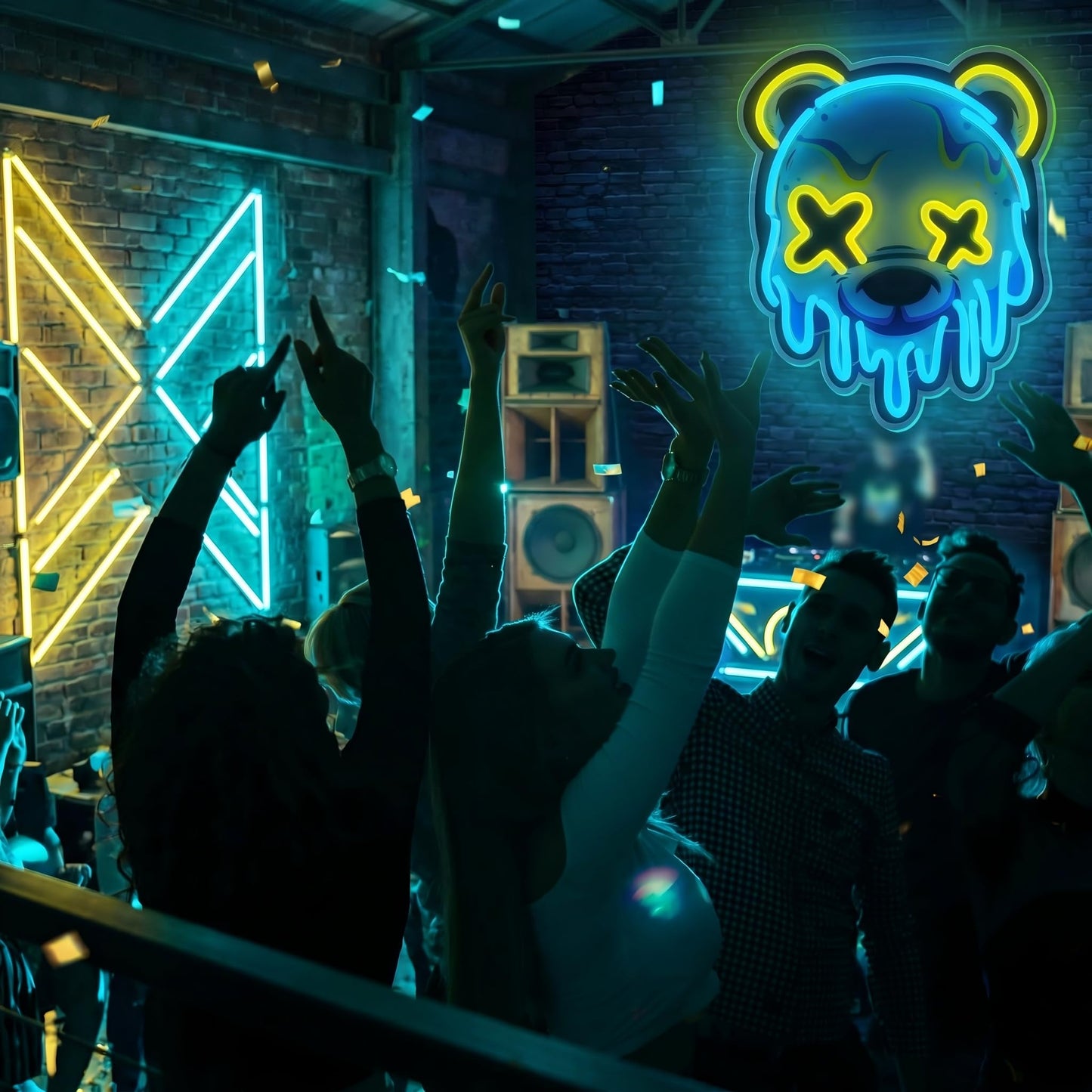 Melting Bear Neon Sign, Cool Yellow & Blue LED Signs for Wall, Dimmable Neon Signs for Wall Decor with Memory Function, Cyberpunk Decor for Gaming