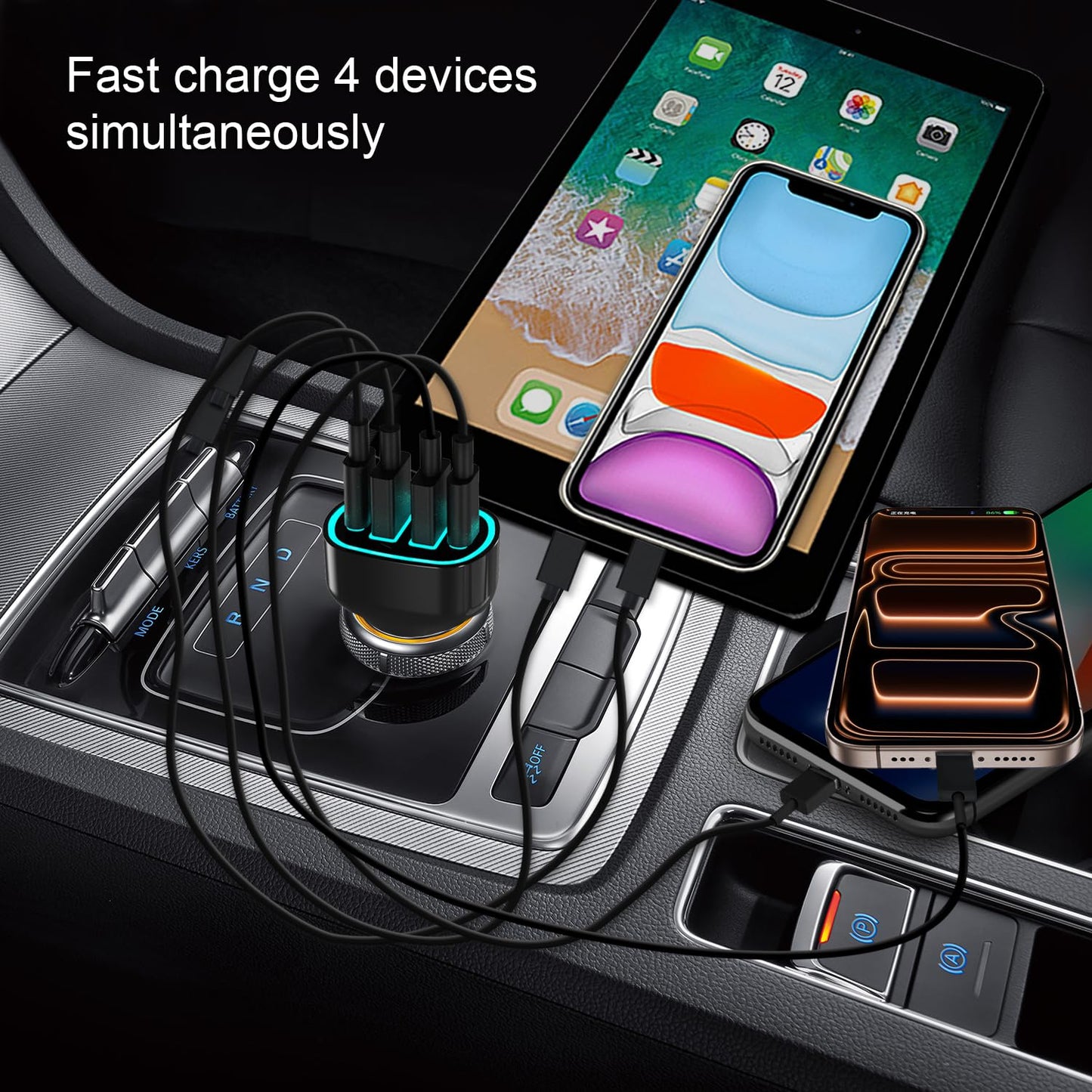 USB C Car Charger Adapter, PD 3.2 QC 5.0 Fast car Charger, 4-Port Multi Car Phone Charger Compatible with iPhone 17 16 15 1413 Pro Max, Samsung Galaxy