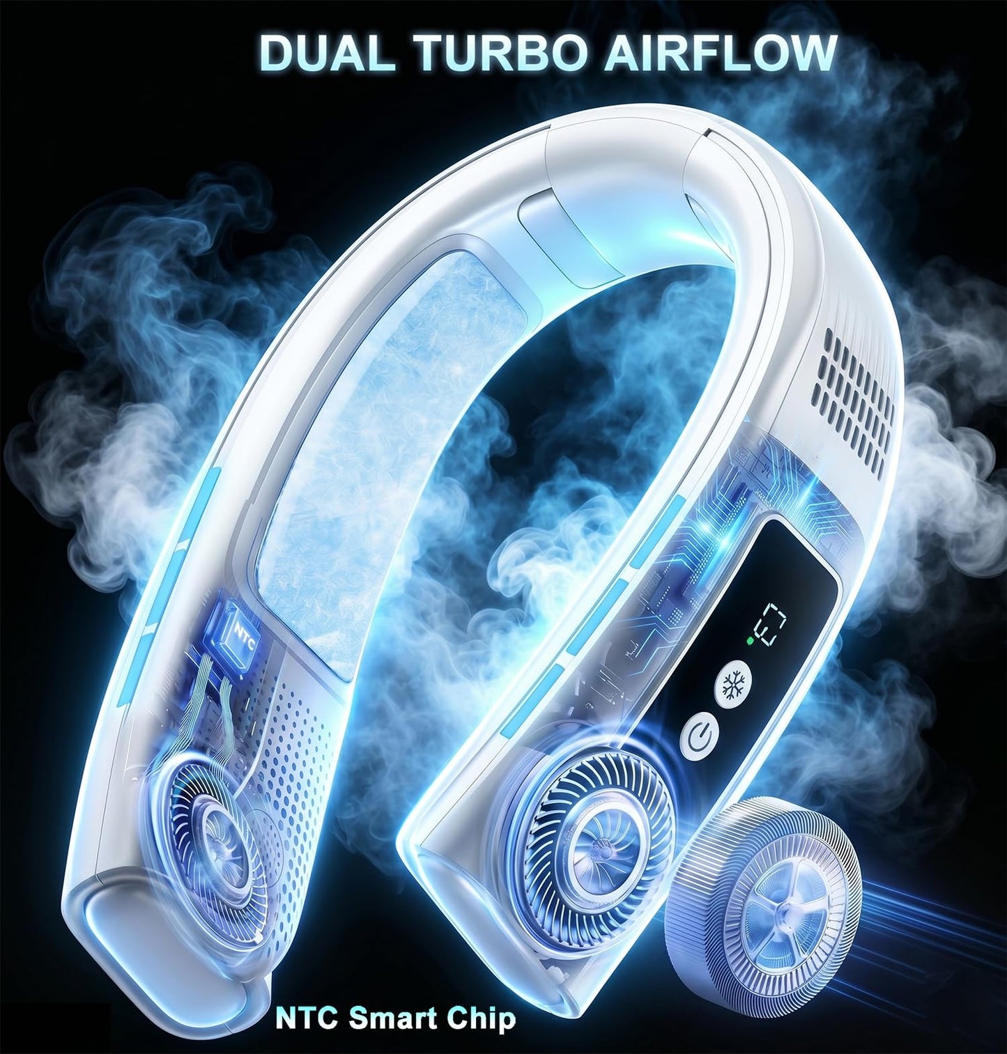 Neck Air Conditioner with 2 Icy Cooling Plates, Portable Neck Fans Blow Cold Air Rechargeable, Wearable Bladeless Fan Personal AC Dual Turbo,LED