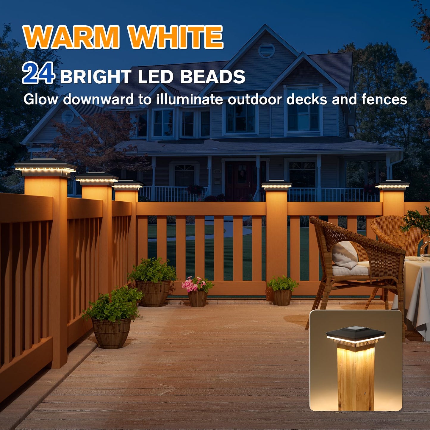 APONUO 4x4 Solar Post Cap Lights 6 Pack - IP65 Waterproof, 24 LED Warm White Solar Lights for 4x4 Wood/Vinyl Fence, Deck, Patio & Yard (Auto On/Off