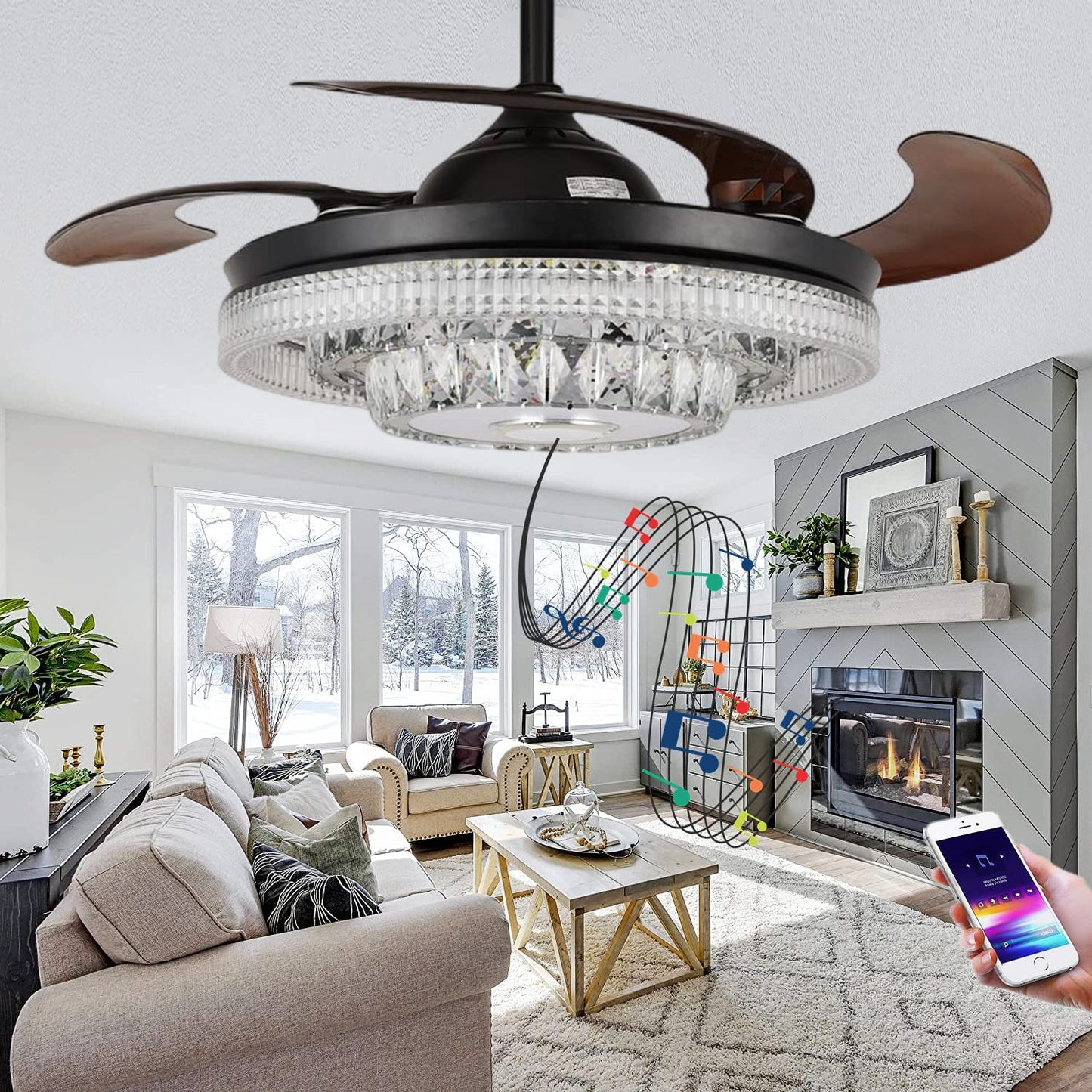 efperfect 42" Reversible Fandelier Ceiling Fan with Lights Bluetooth Speaker, Smart 7 Color Dimmable Crystal Chandelier with Remote Control, 6-Speeds