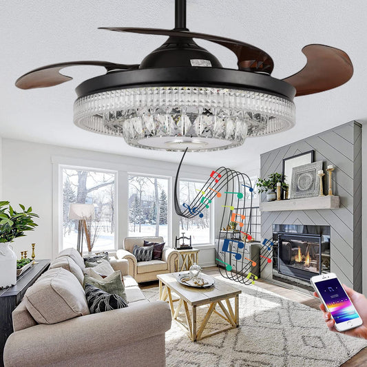 efperfect 42" Reversible Fandelier Ceiling Fan with Lights Bluetooth Speaker, Smart 7 Color Dimmable Crystal Chandelier with Remote Control, 6-Speeds