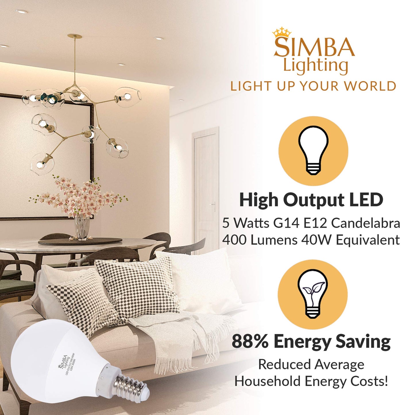 Simba Lighting LED G14 5W Small Globe, Candelabra E12 Base, 3000K, 6 Pack