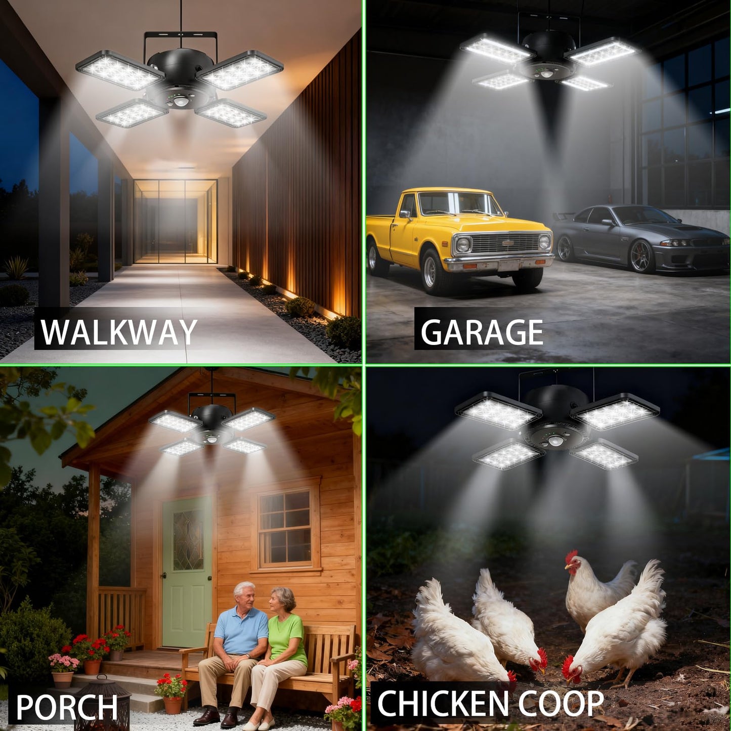 INXPHY Solar Shed Light, 1200LM 144LED Motion Sensor Pendant Light, 5 Lighting Modes Remote Control 4-Leaf 120° Adjustable, IP65 Waterproof Split