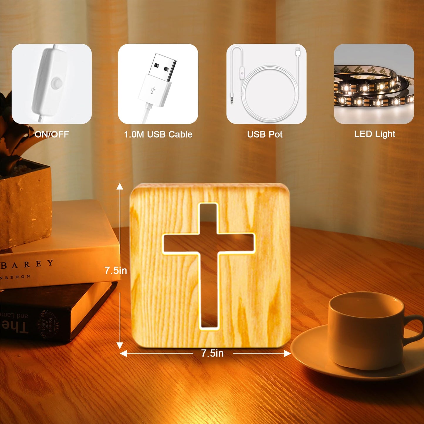 WLHONG Easter Decorations Cross Shaped Wood Bedside Lamp, Jesus Cross 3D LED Optical Night Light, Personalized Room Decor Best Birthday Christian