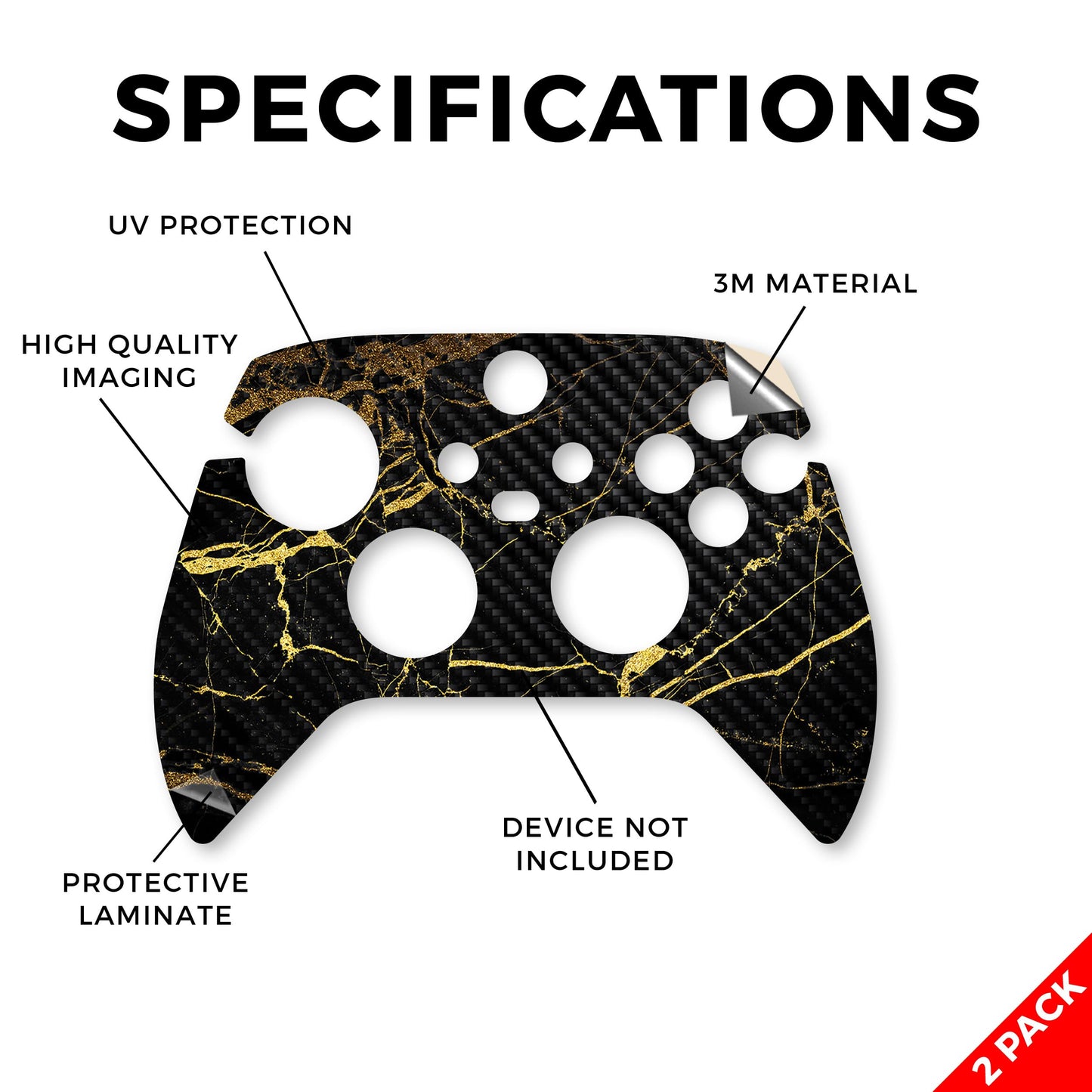 Carbon Fiber Skin Compatible with Microsoft Xbox Series X|S Controller (2 Pack) - Black Gold Marble - Premium 3M Vinyl Protective Wrap Decal Cover