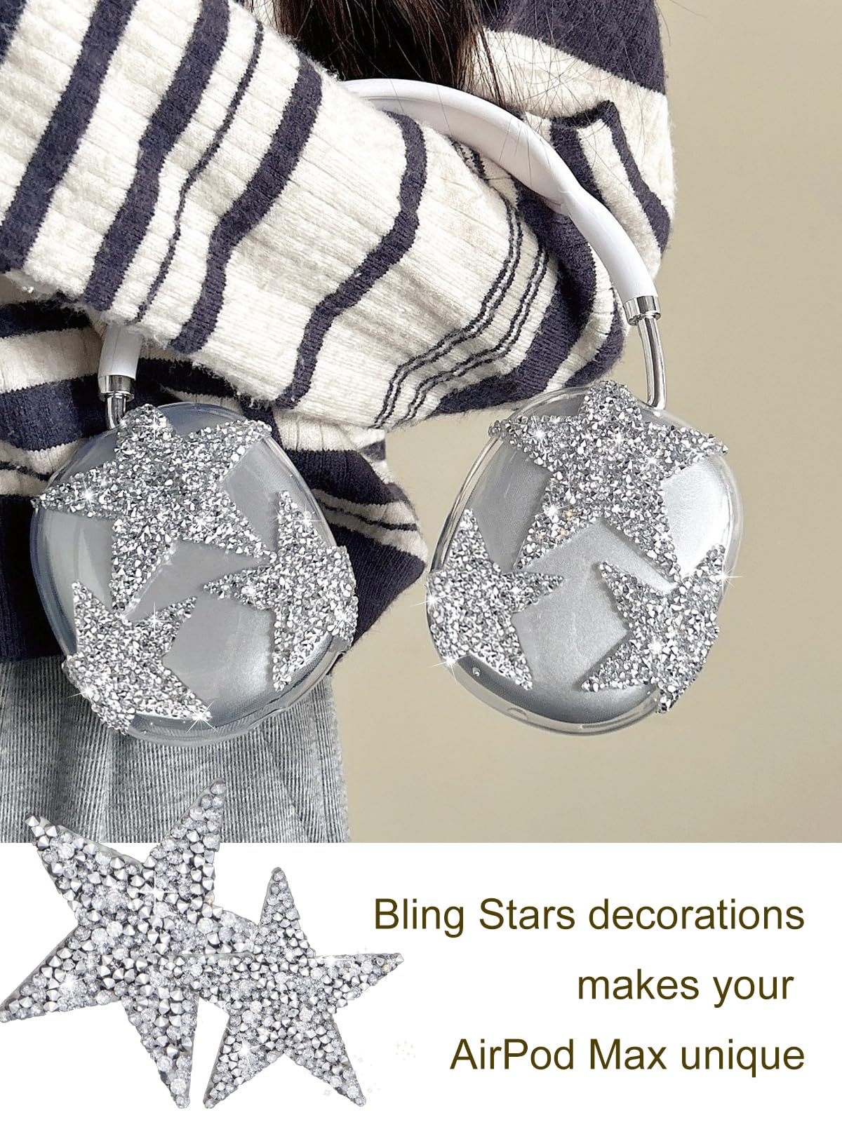 3 in 1 Bling Case Cover for AirPod Max, Clear TPU Glittering Rhinestones Stars Protective Ear Cups Covers Silicone Earpad Headband Covers Compatible