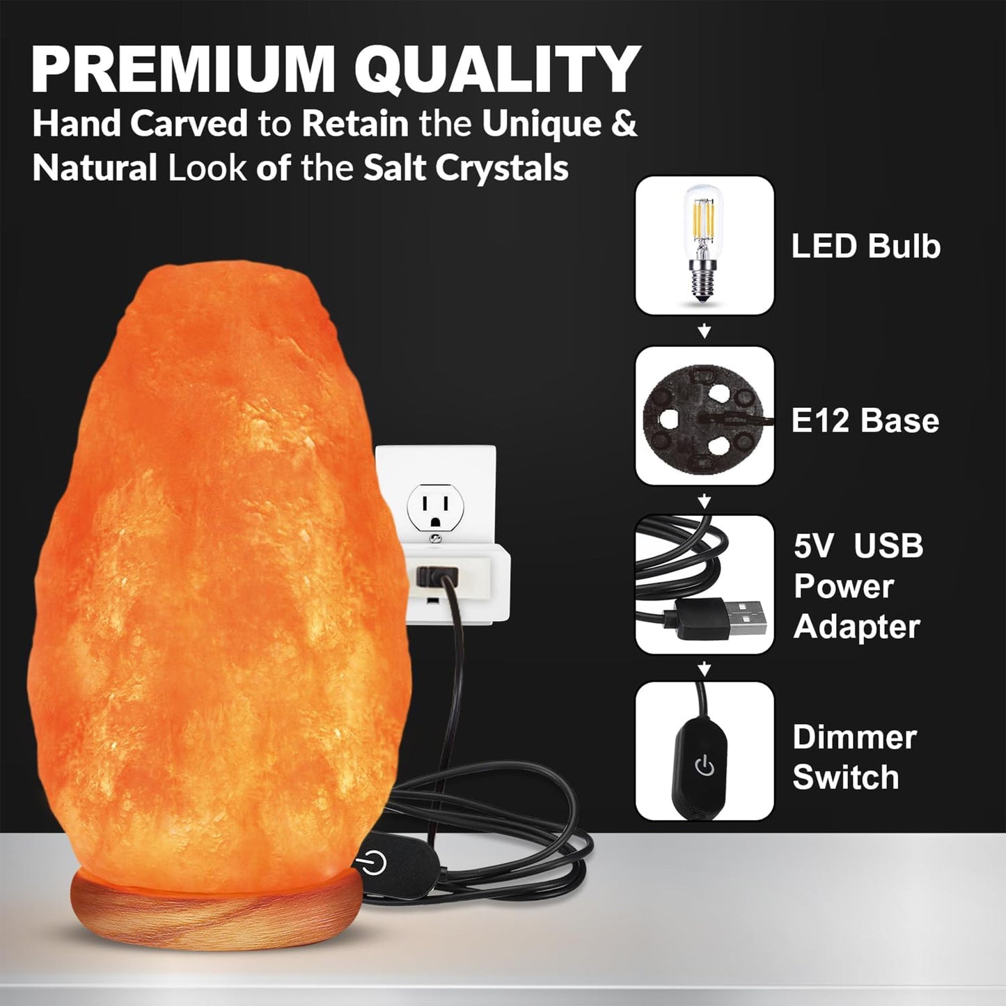 WBM LLC Himalayan Glow Natural Pink Salt Lamp, Crystal Salt Lamp Night Light with (ETL Certified) Brightness Control Dimmer Switch, Wooden Base & Salt