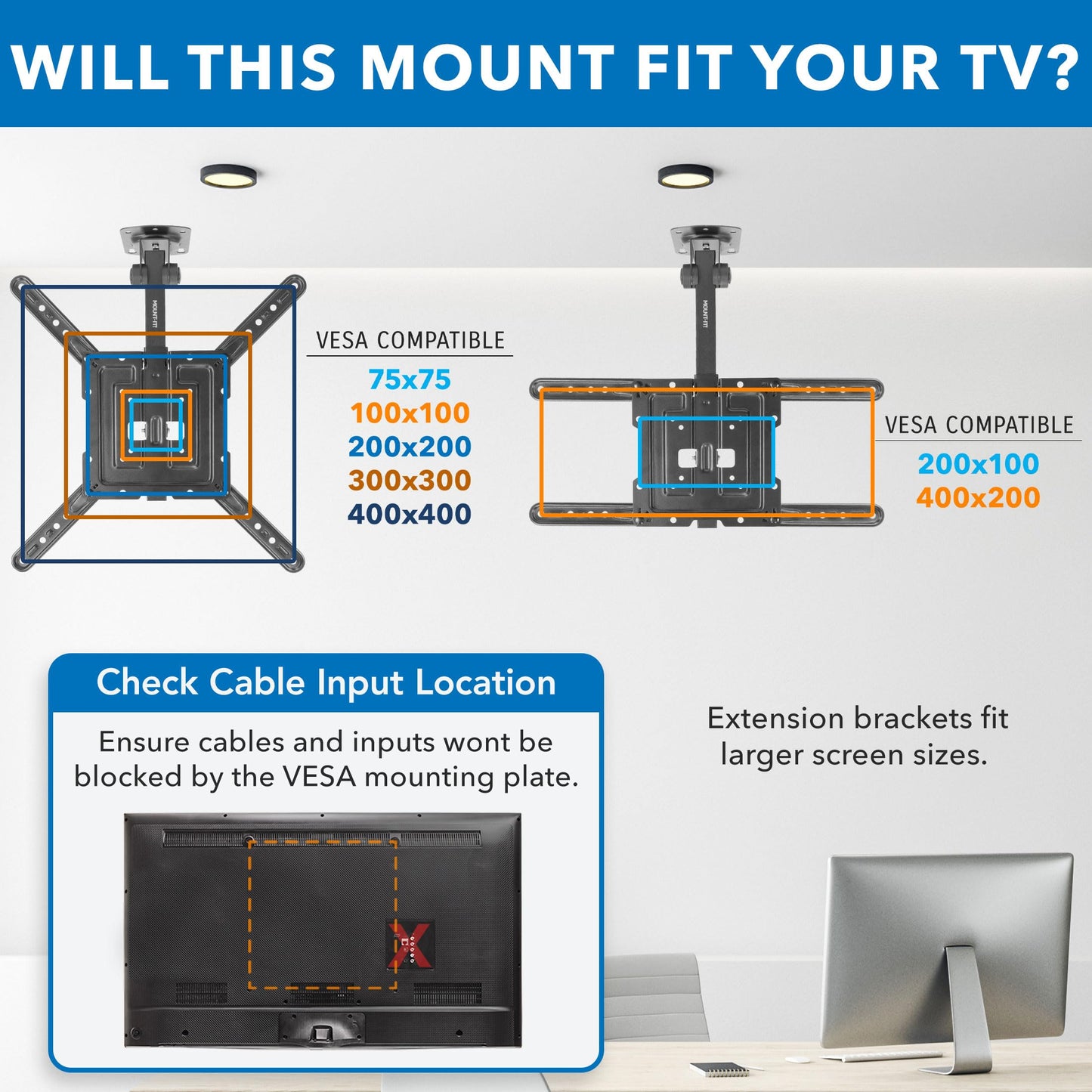 Mount-It! Fold-Up Ceiling TV Mount for 23-55 Inch TVs, Space-Saving Flip Down Bracket for Flat & Slanted Ceilings, Retractable Adjustable Tilt