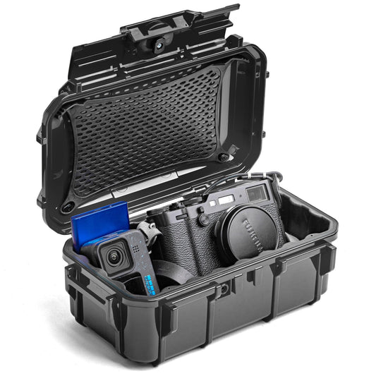 Evergreen Dry Box Tech Organizer - For Camera, Cables, Hard Drives, Memory Cards, Keys, Compatible with GoPro, Airtags (Large, Rubber Boot, Black)