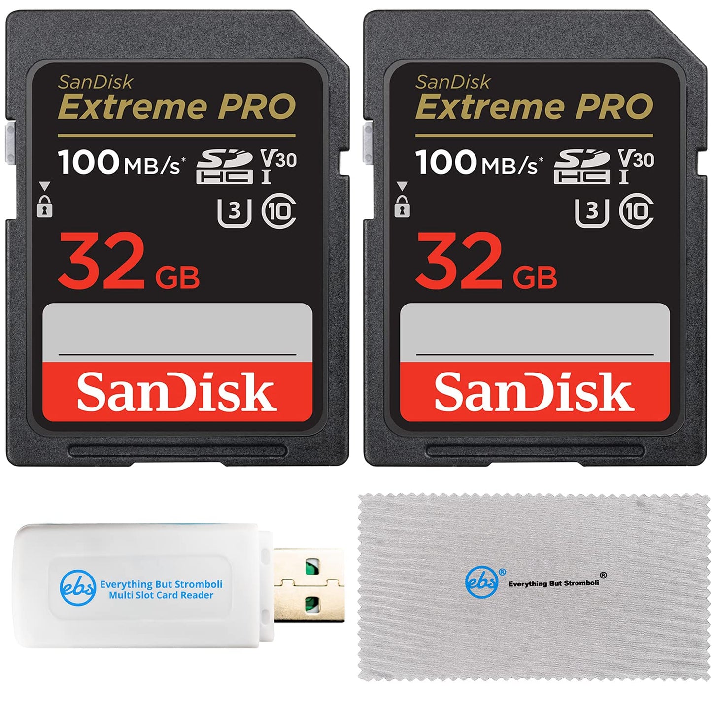 SanDisk 32GB Extreme Pro Memory Card (Two Pack) Works with Nikon D3400, D3300, D750, D5500, D5300, D500, AW130 Camera Bundle with Everything But