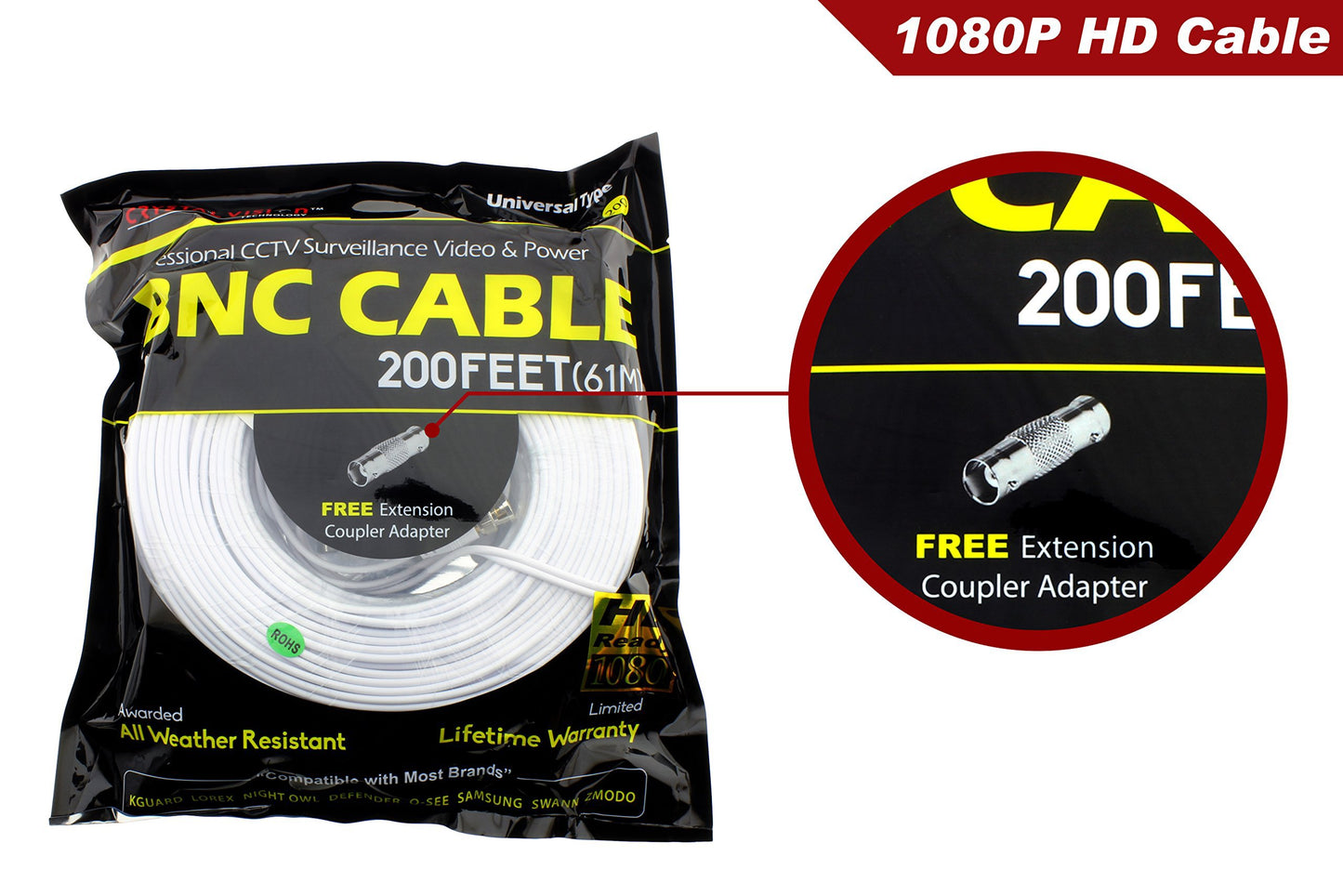 Crystal Vision Premium 1080P HD BNC CCTV Surveillance Security Camera Combo Cable Premade Siamese W/Coupler for Samsung, Lorex, Swann, Q-See