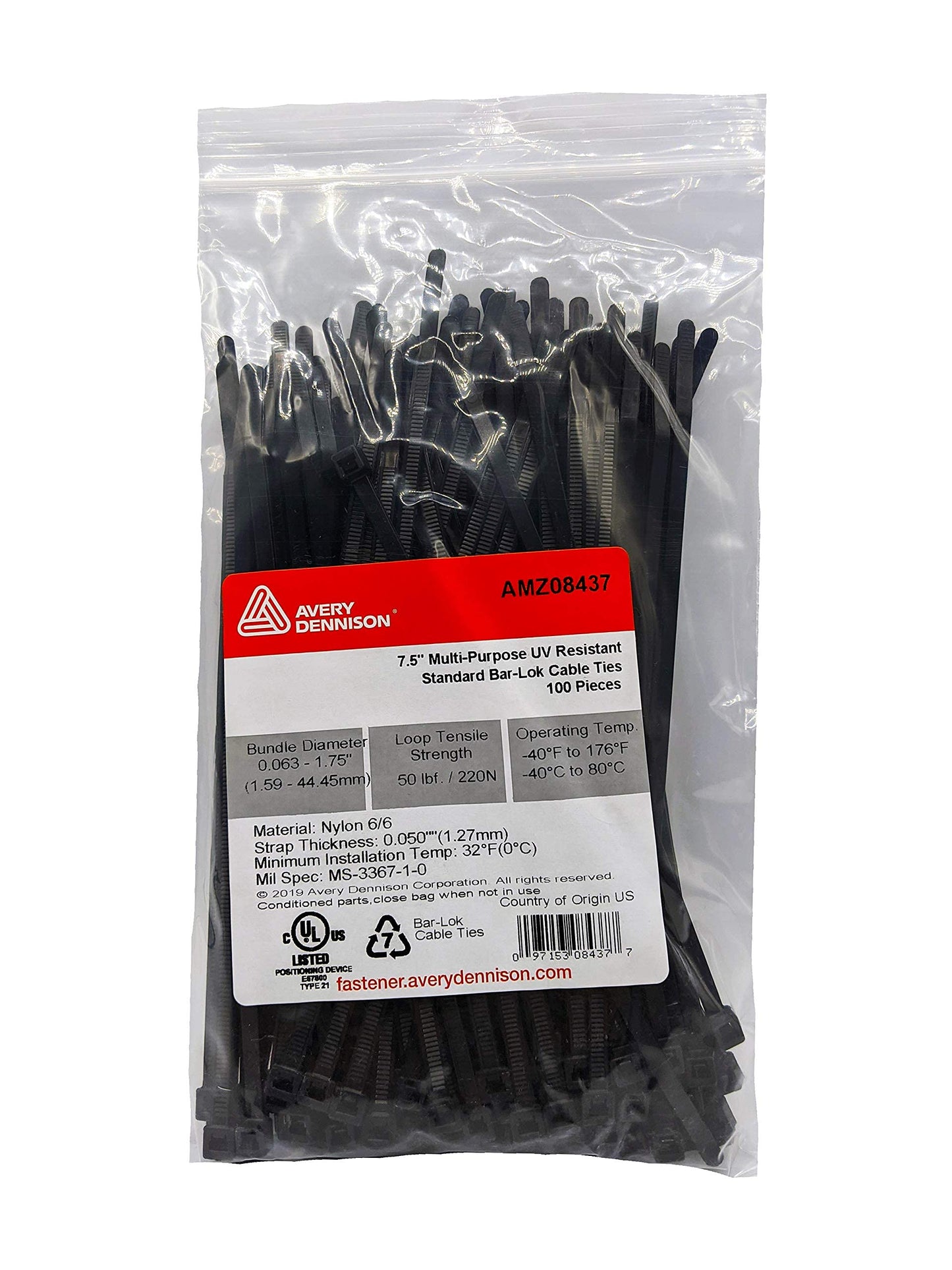 Bar Lok 7.5” Zip Ties - 100 Pieces, Black - Made in America - Weather, UV & Impact Resistant Plastic Cable Ties for Binding Bundling & Organizing Wire