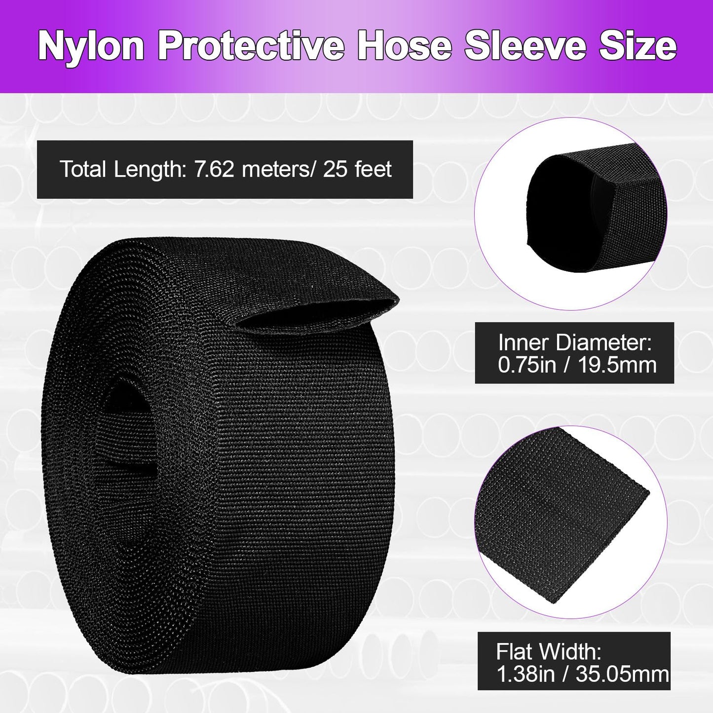 0.75" ID Nylon Protective Hose Sleeve, Nylon Cable Cover for Welding Torch Hydraulic Hose, 25' Length, Black