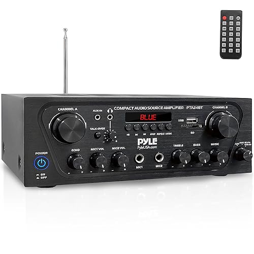 Pyle 2-Channel Bluetooth Home Stereo Amplifier - 250W Wireless Audio Receiver, Karaoke Optimized: Dual Mic In with Echo, Mic Talk-Over, FM Radio