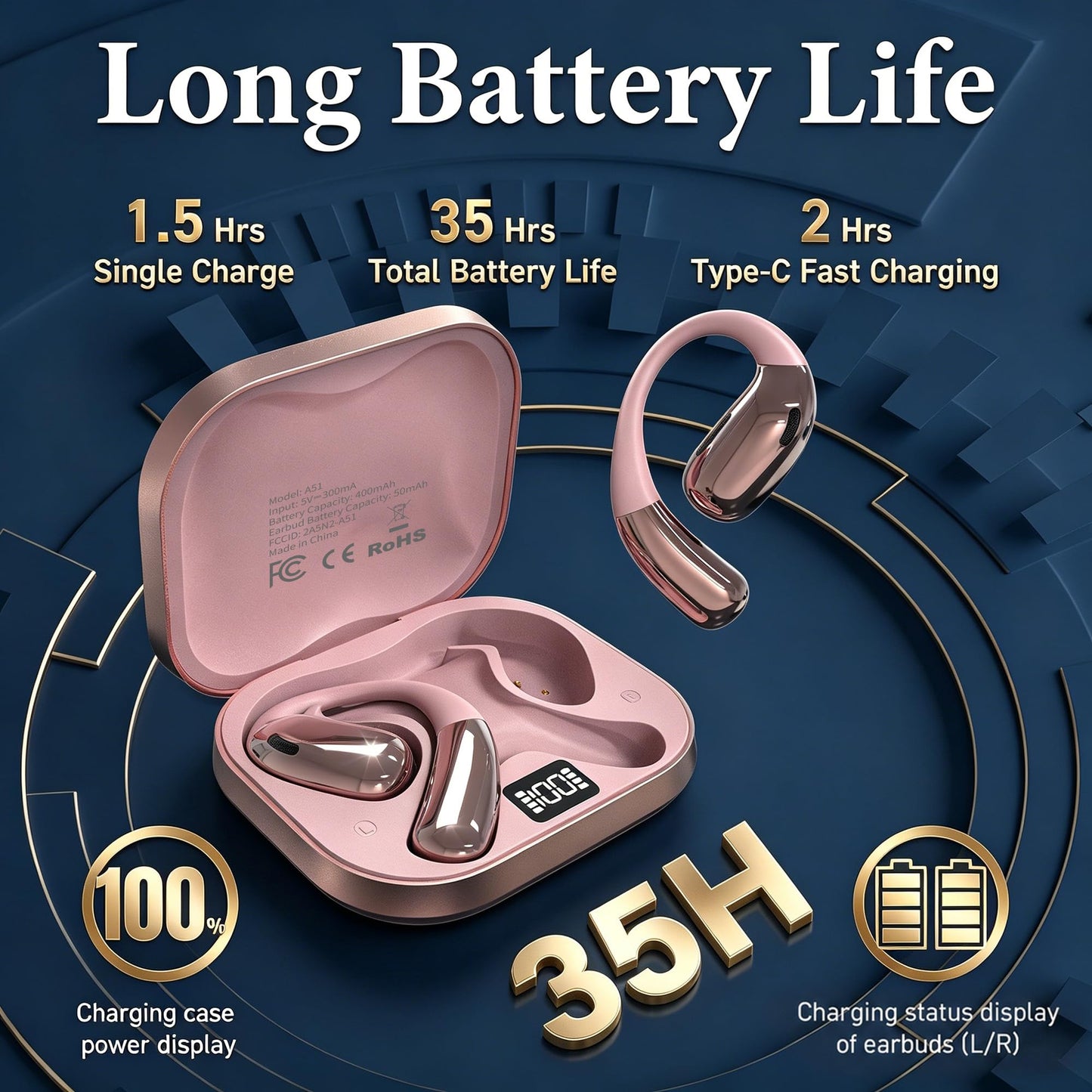 Open Ear Headphones, Wireless Headphones with Smart Digital Display & Mic
