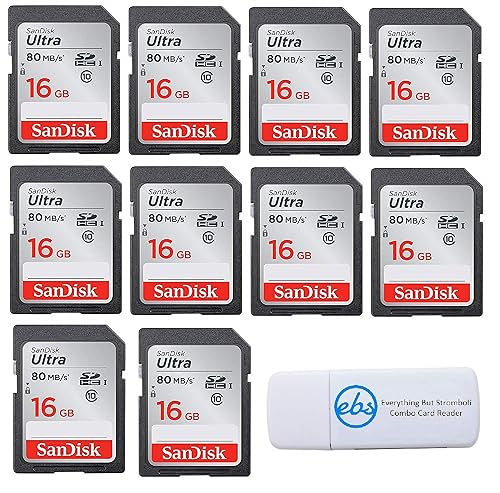 SanDisk Ultra 16GB (10 Pack) Class 10 SDHC Genuine Flash Memory Card (SDSDUNC-016G-GN6IN) Bundle with Everything But Stromboli Card Reader