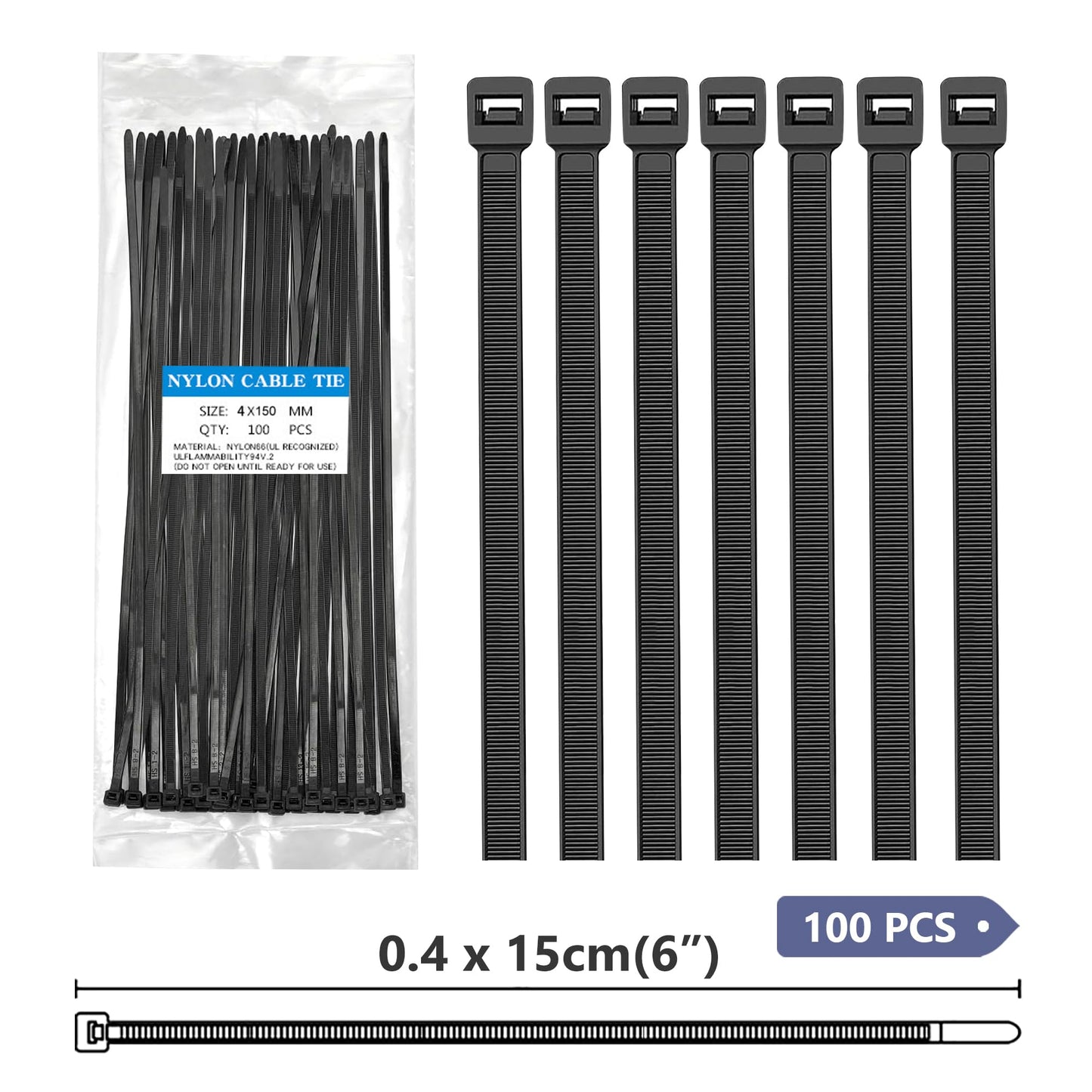 Zip Ties 6 inch Black Zip Ties 100 Pack, Wire Ties with 50lb Tensile Strength, UV Resistant Cable Ties, Self-locking Plastic Ties for Indoor