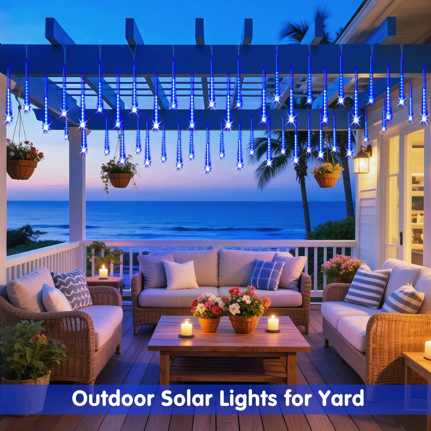 JMEXSUSS Solar Lights for Outdoor Decor, 8 Tube 144 LEDs Solar Meteor Shower Lights Outdoor, Hanging Blue Christmas Lights for Tree Yard Icicle Garden