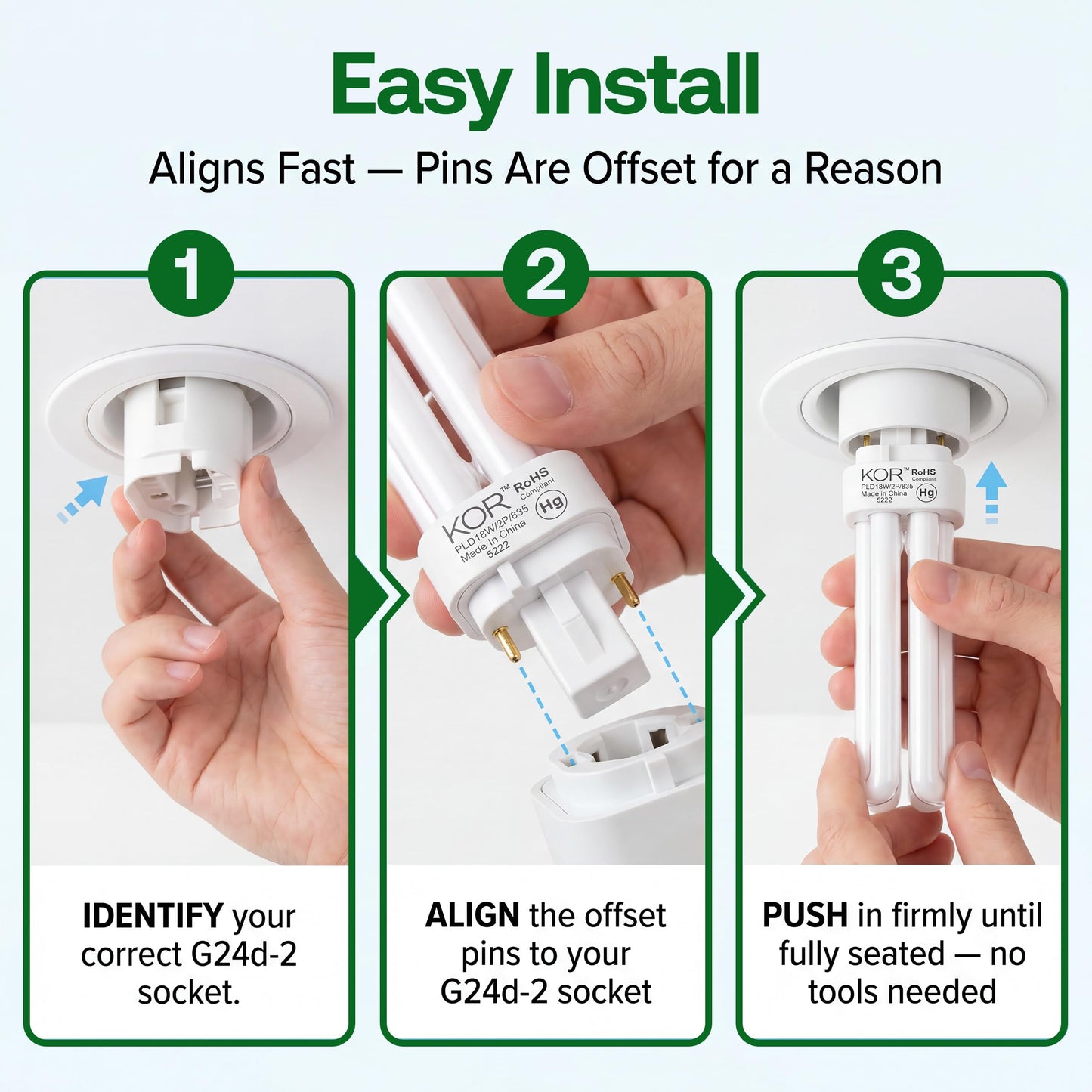 KOR 18W G24d-2 2-Pin CFL Double Tube Light Bulbs, 2700K, 4-Pack