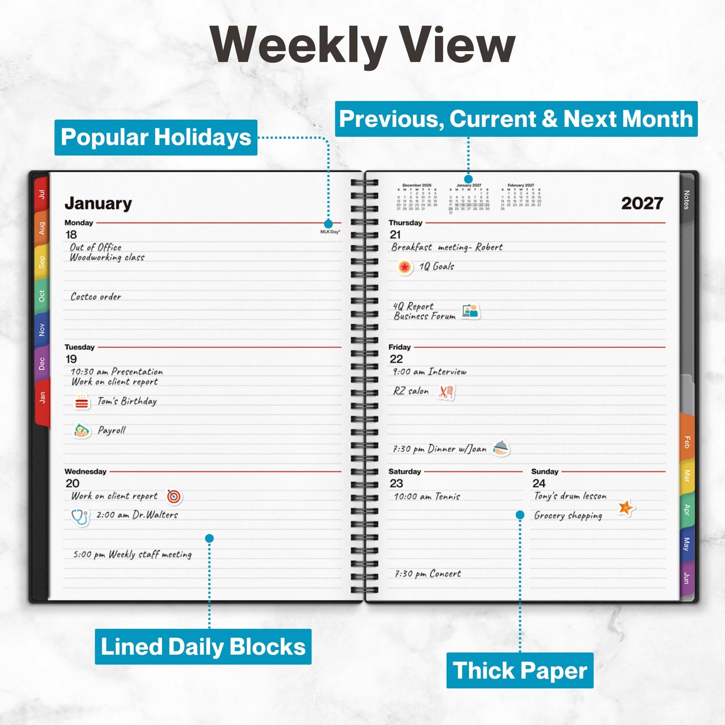 Dunwell Planner 2026-2027 8.5x11, July 2026 to June 2027, Weekly and Monthly Academic Year Planner Calendar, Flexible Cover, Wirebound, Laminated Tabs