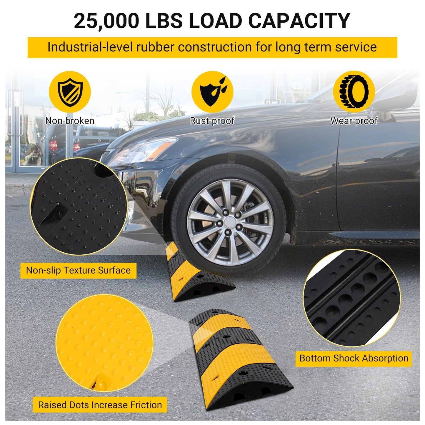 3.3 FT Heavy Duty Rubber Speed Bump 2-Pack, Driveway Cable Protector Ramp with Installation Bolts for Parking Lots, Garage & Gravel Roads