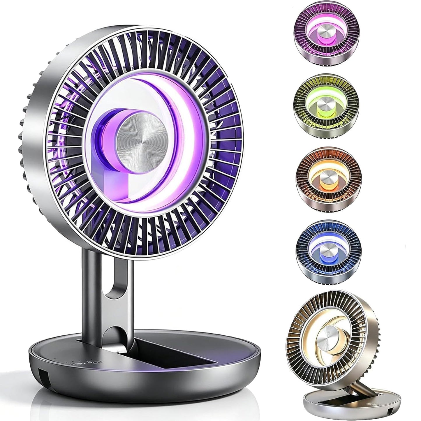 Lunkun 3-in-1 USB Desk Fan with Colorful LED Light, 2026 New Foldable Multi-Angle Quiet Mini Fan, 5-Speed Adjustment Portable Table Fans, Magnetic