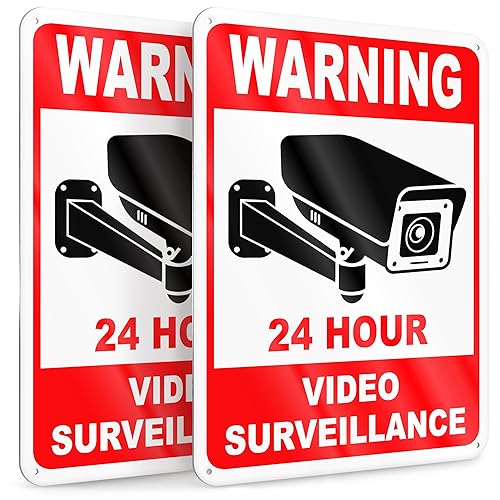 2 PC 24 Hour Video Surveillance Sign, Reflective 7x10 Aluminum Smile You're On Camera Signs Outdoor, Weatherproof Security Camera Warning Signs